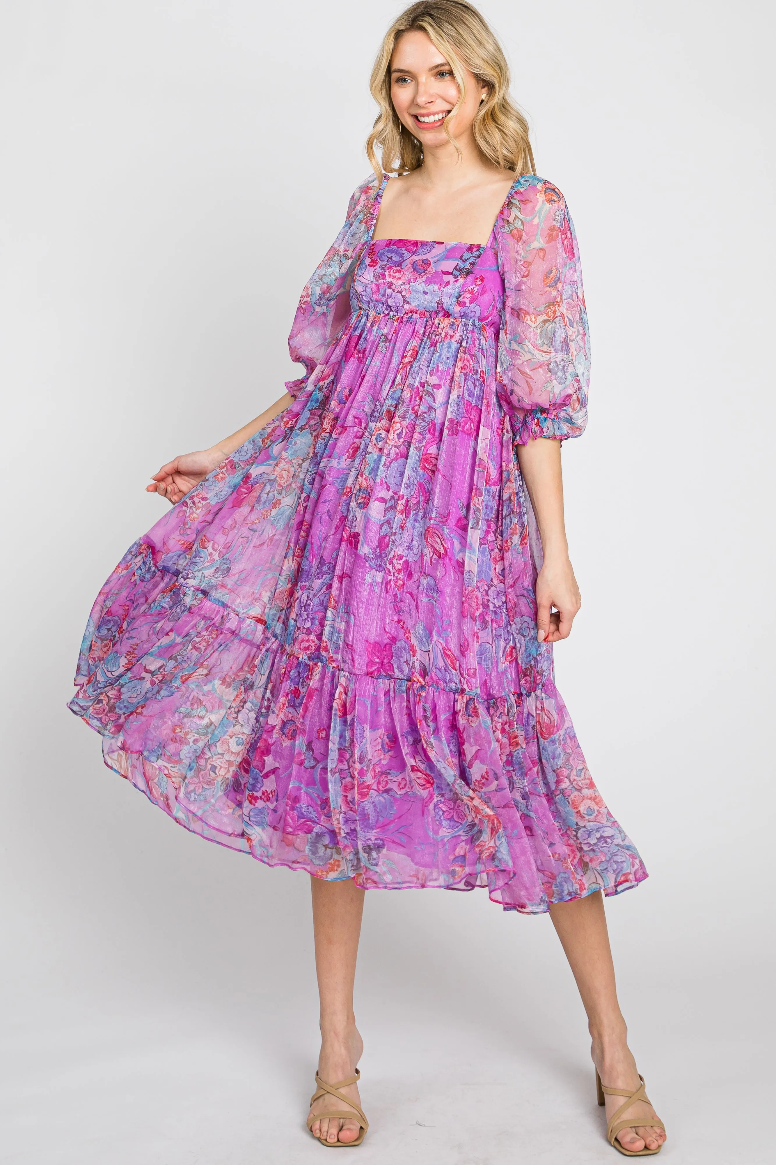 Pink Floral Shimmer Chiffon Midi Dress sold by Pinkblush