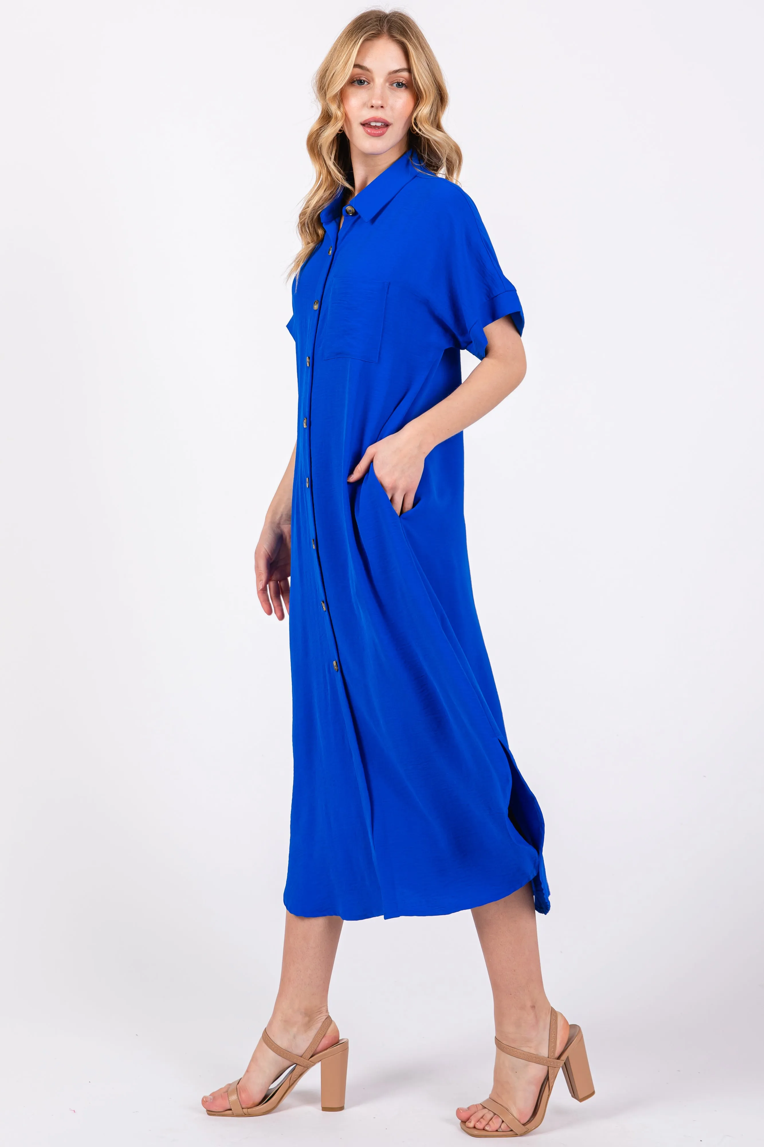 Royal Blue Button Down Front Pocket Midi Dress sold by Pinkblush product image thumbnail 2
