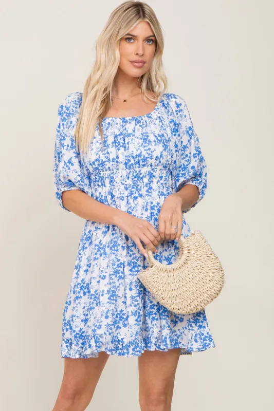 Blue Floral Shirred Puff Sleeve Dress sold by Pinkblush