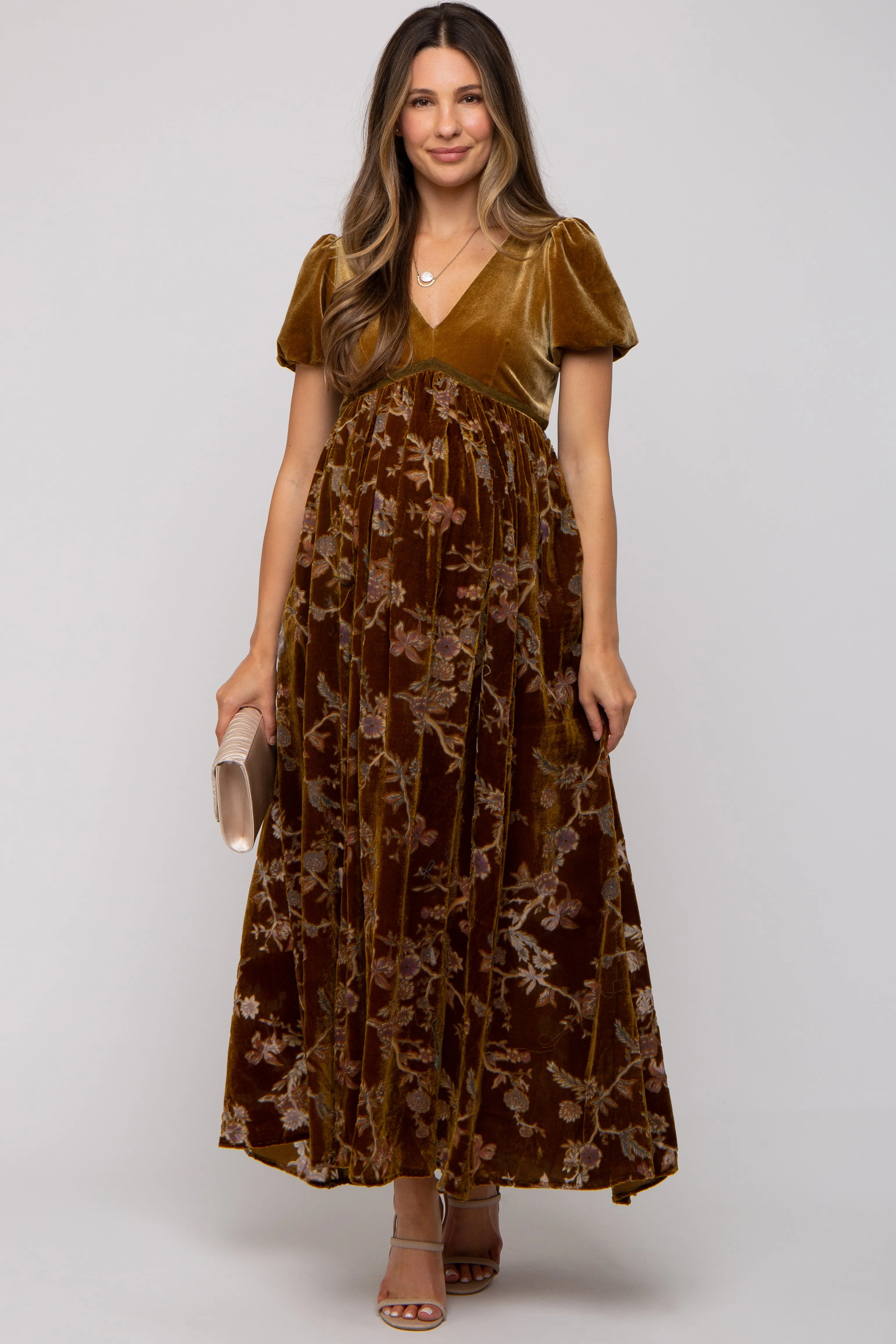Camel Floral Burnout Velvet Maternity Maxi Dress sold by Pinkblush product image thumbnail 2