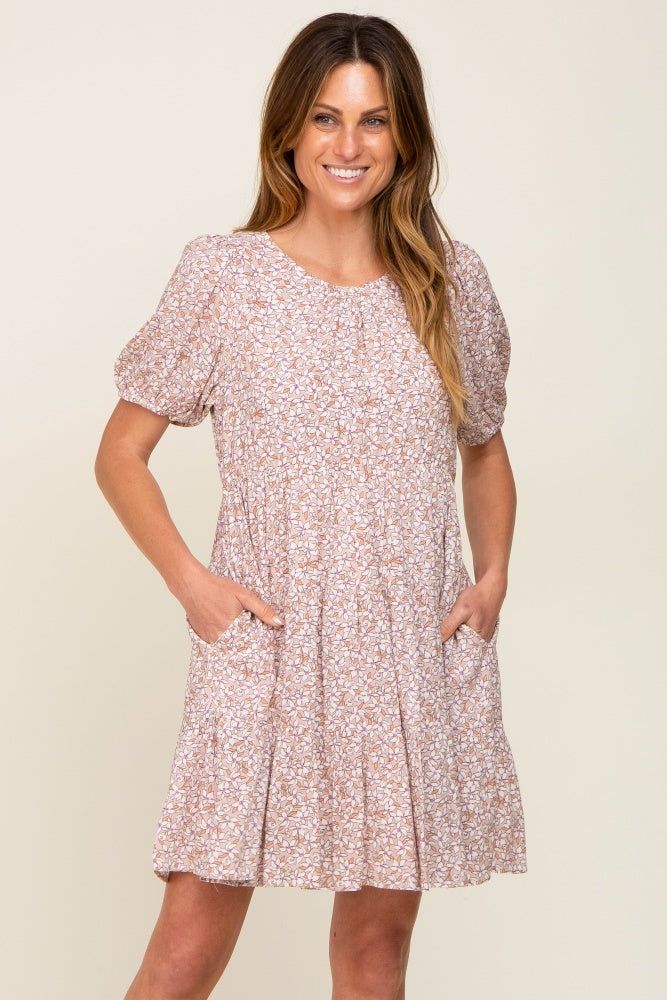 Taupe Floral Back Tie Tiered Short Sleeve Dress sold by Pinkblush