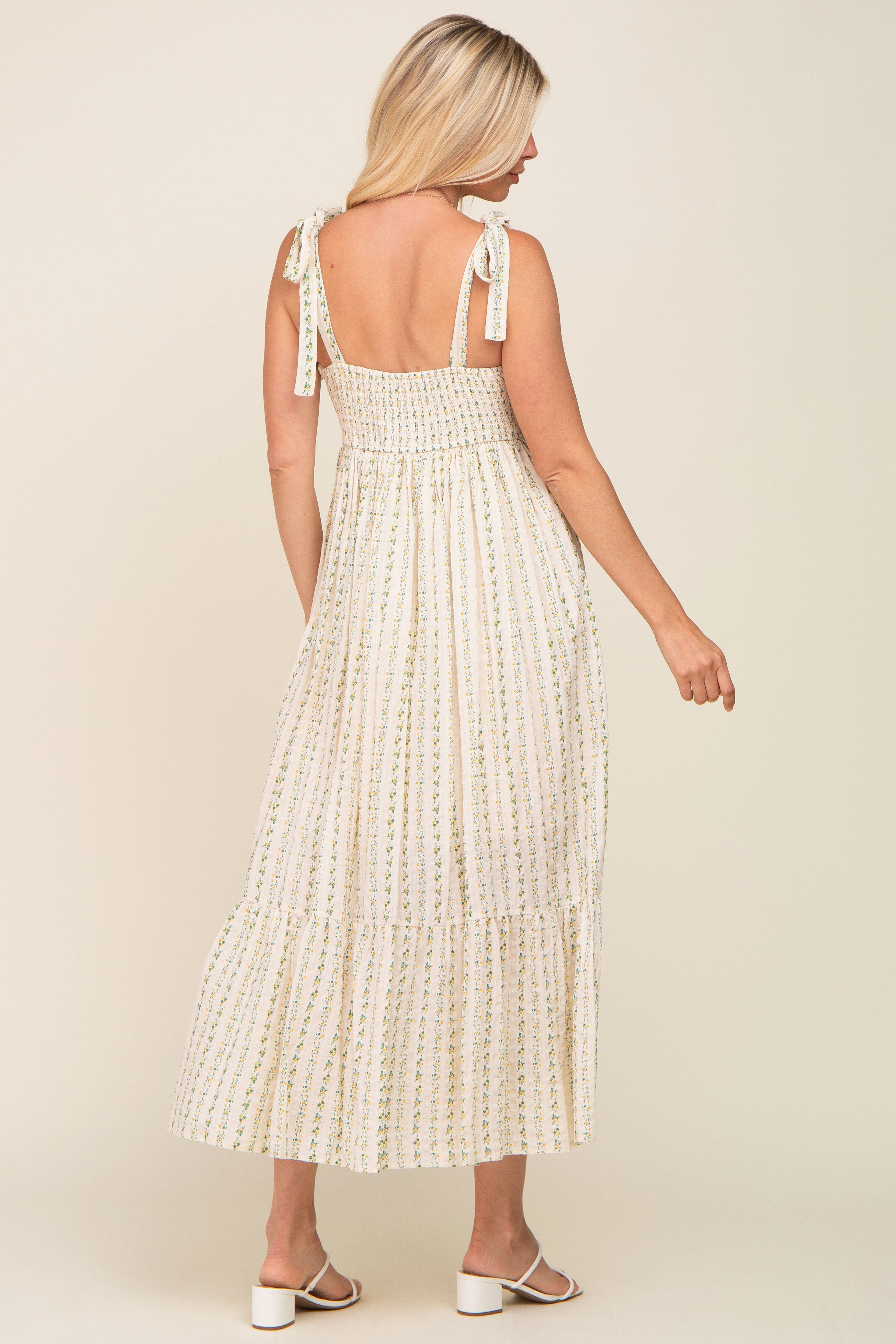 Green Floral Pleated Shoulder Tie Midi Dress sold by Pinkblush product image thumbnail 3