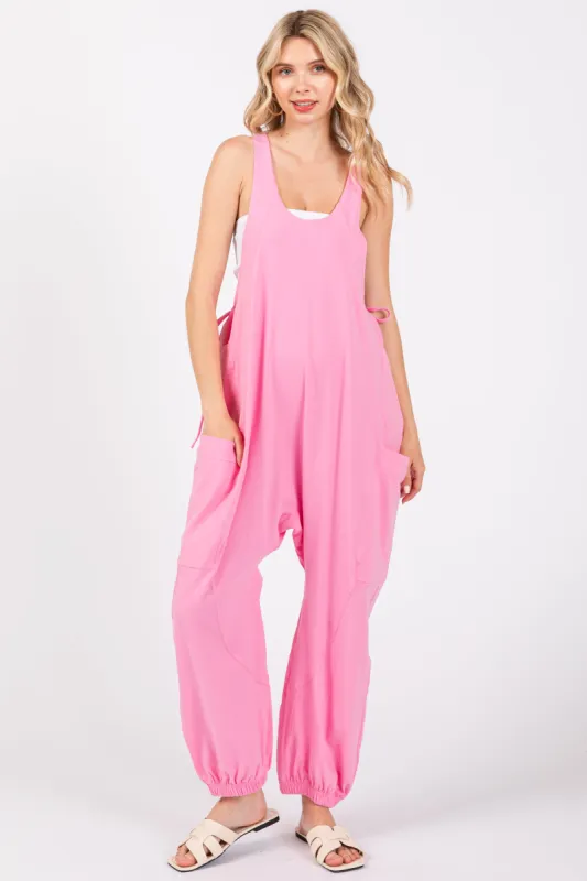 Pink Racerback Drawstring Side Pocket Jumpsuit sold by Pinkblush