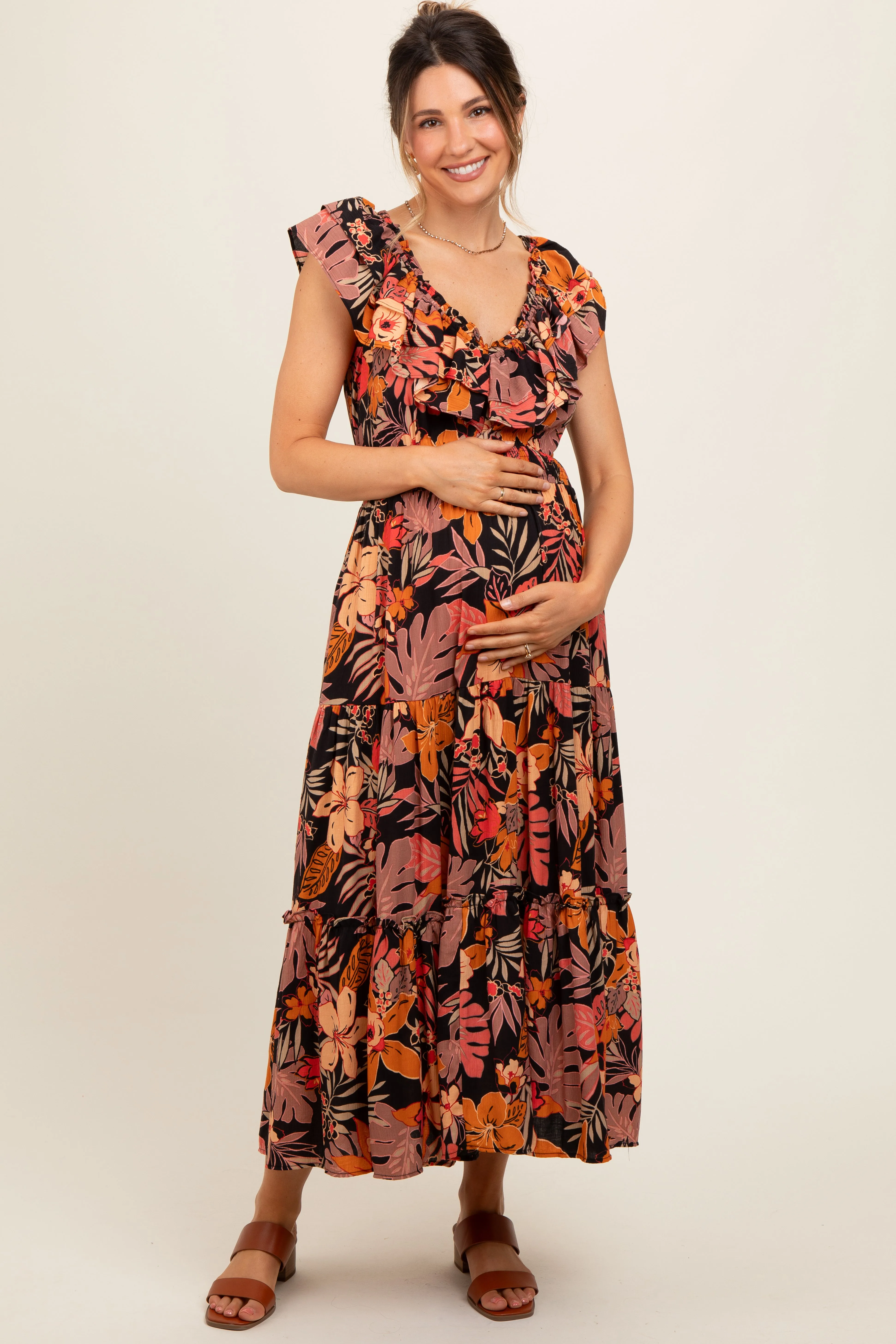 Black Ruffle V-Neck Tiered Maternity Maxi Dress sold by Pinkblush product image thumbnail 2