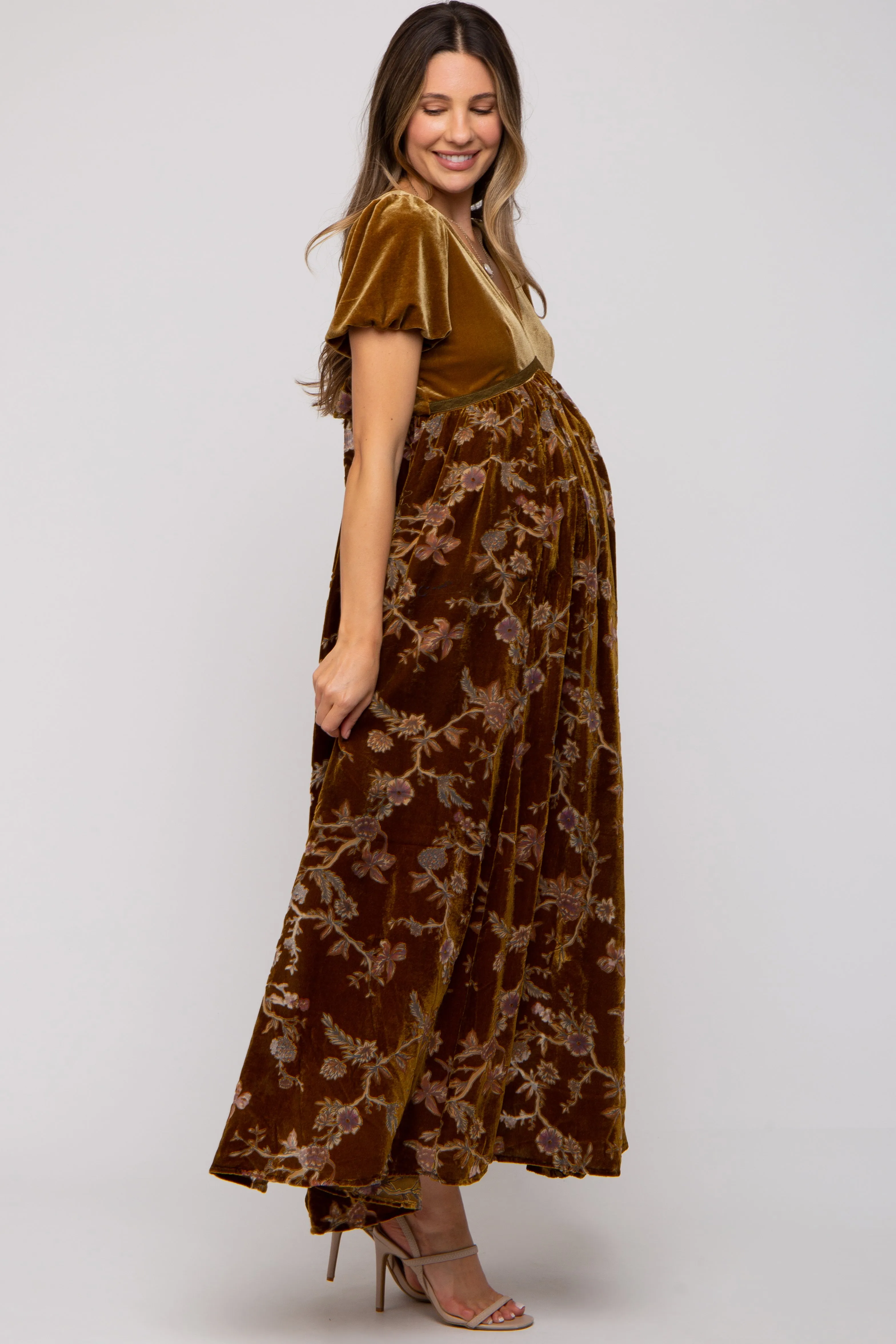 Camel Floral Burnout Velvet Maternity Maxi Dress sold by Pinkblush product image thumbnail 3