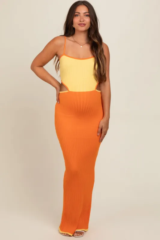 Orange Colorblock Fitted Maternity Maxi Dress sold by Pinkblush