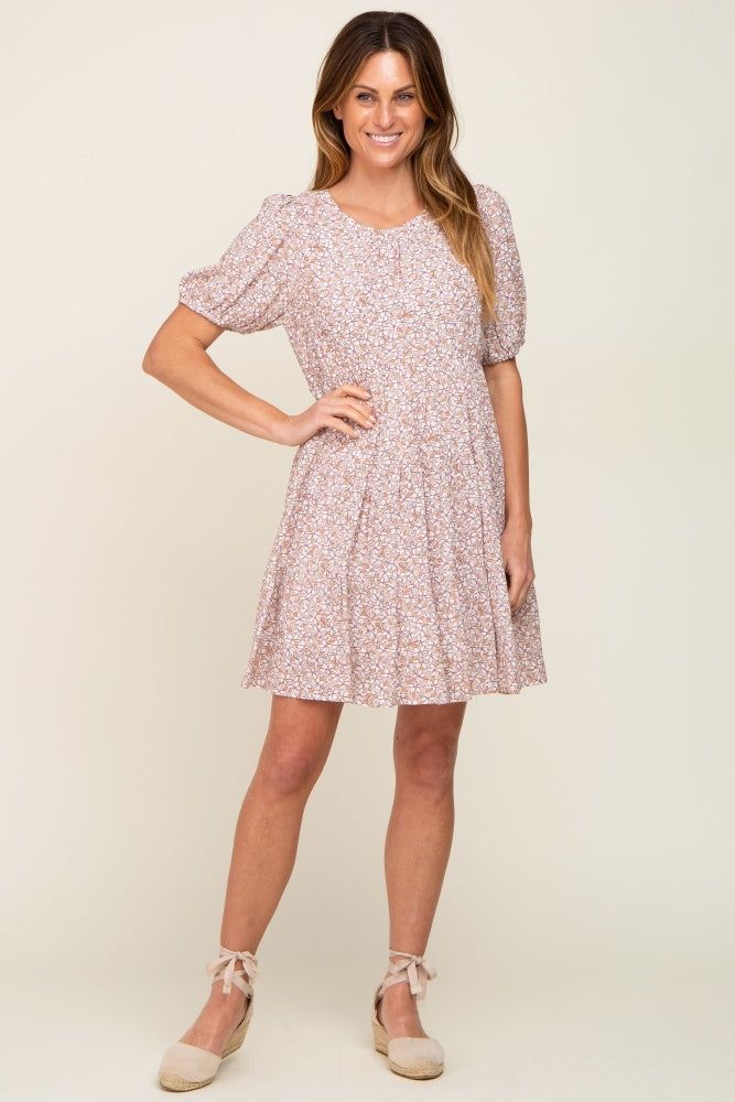 Taupe Floral Back Tie Tiered Short Sleeve Dress sold by Pinkblush product image thumbnail 5