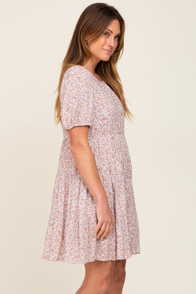 Taupe Floral Back Tie Tiered Short Sleeve Dress sold by Pinkblush product image thumbnail 2