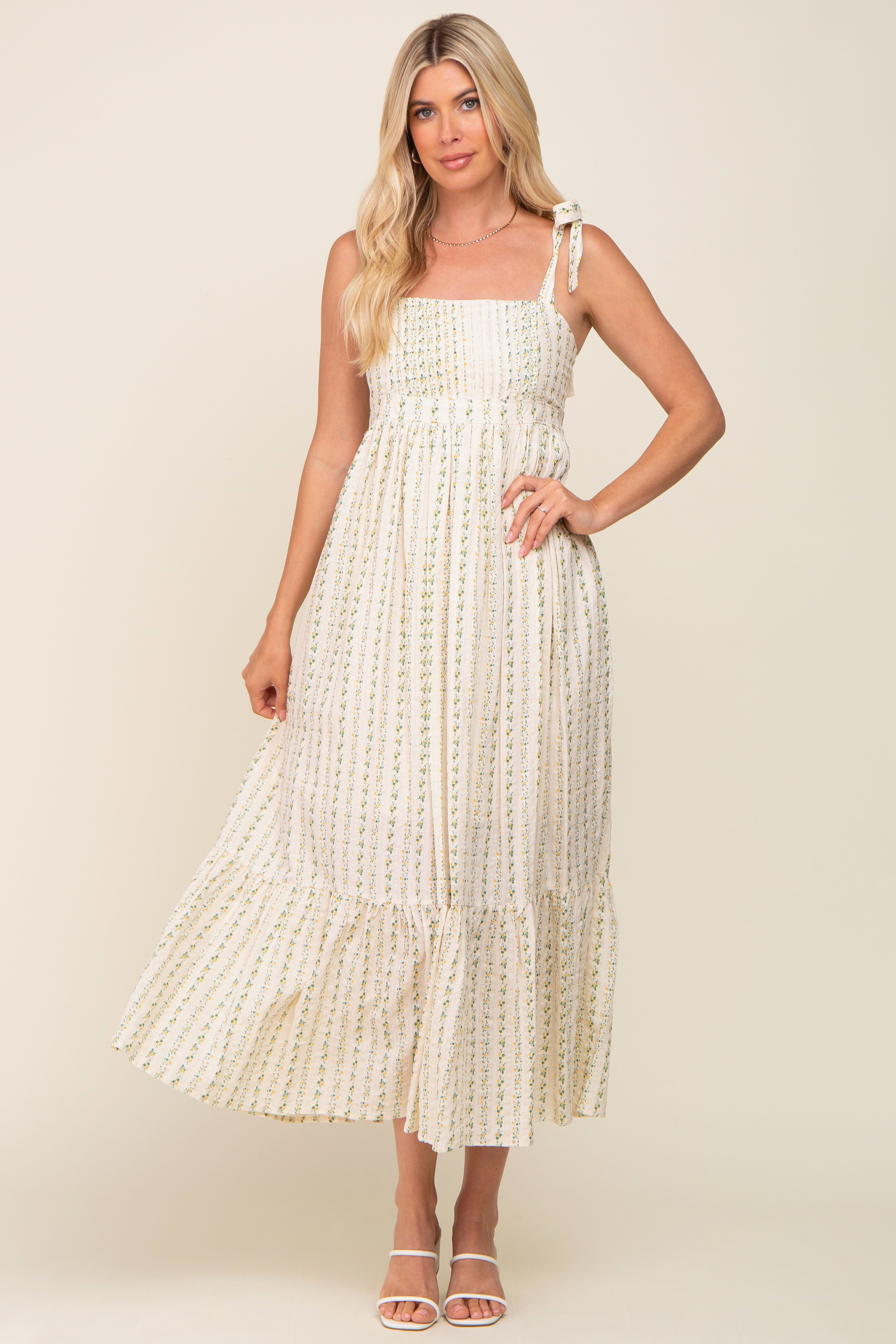 Green Floral Pleated Shoulder Tie Midi Dress sold by Pinkblush product image thumbnail 4