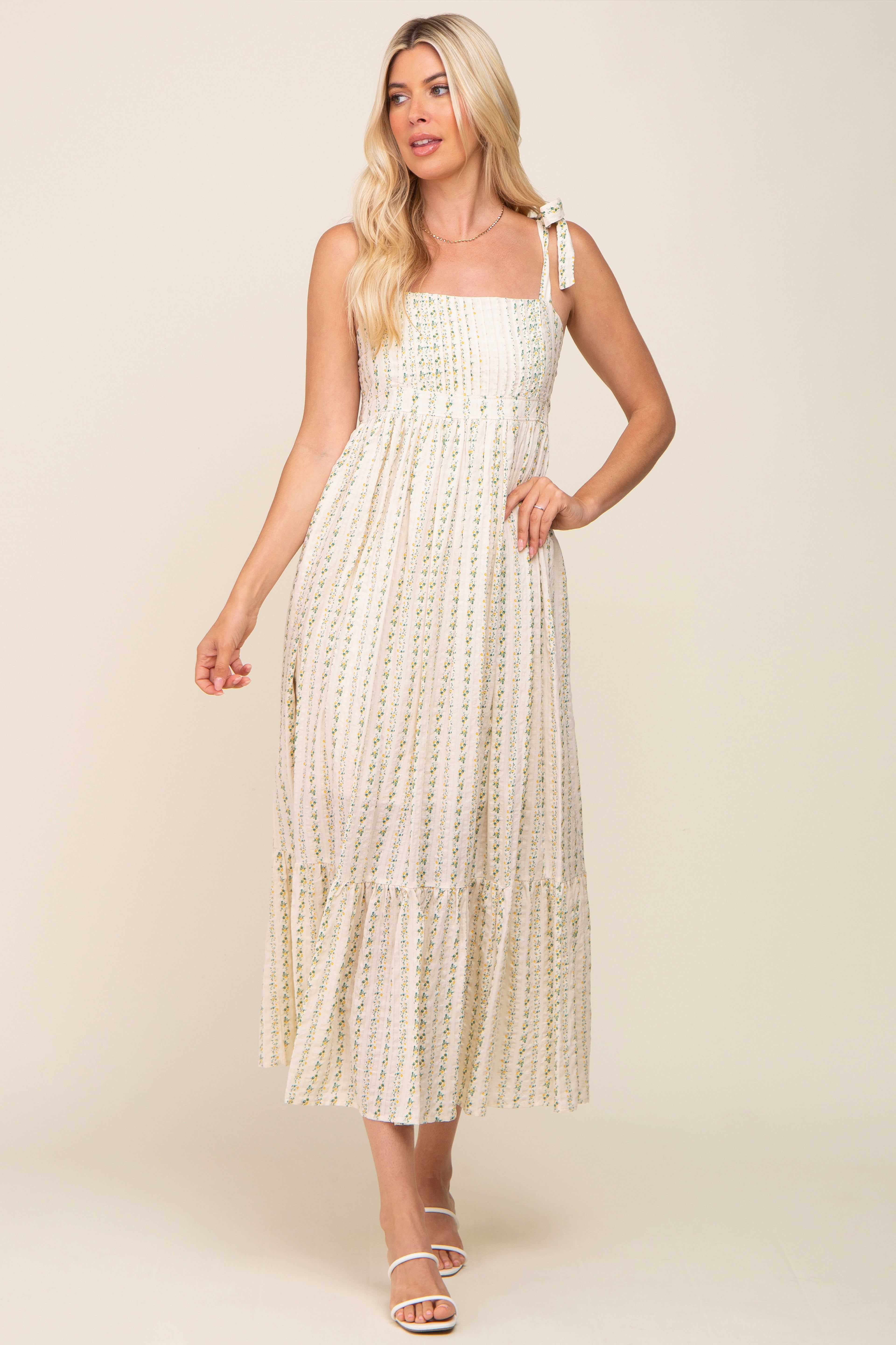 Green Floral Pleated Shoulder Tie Midi Dress sold by Pinkblush