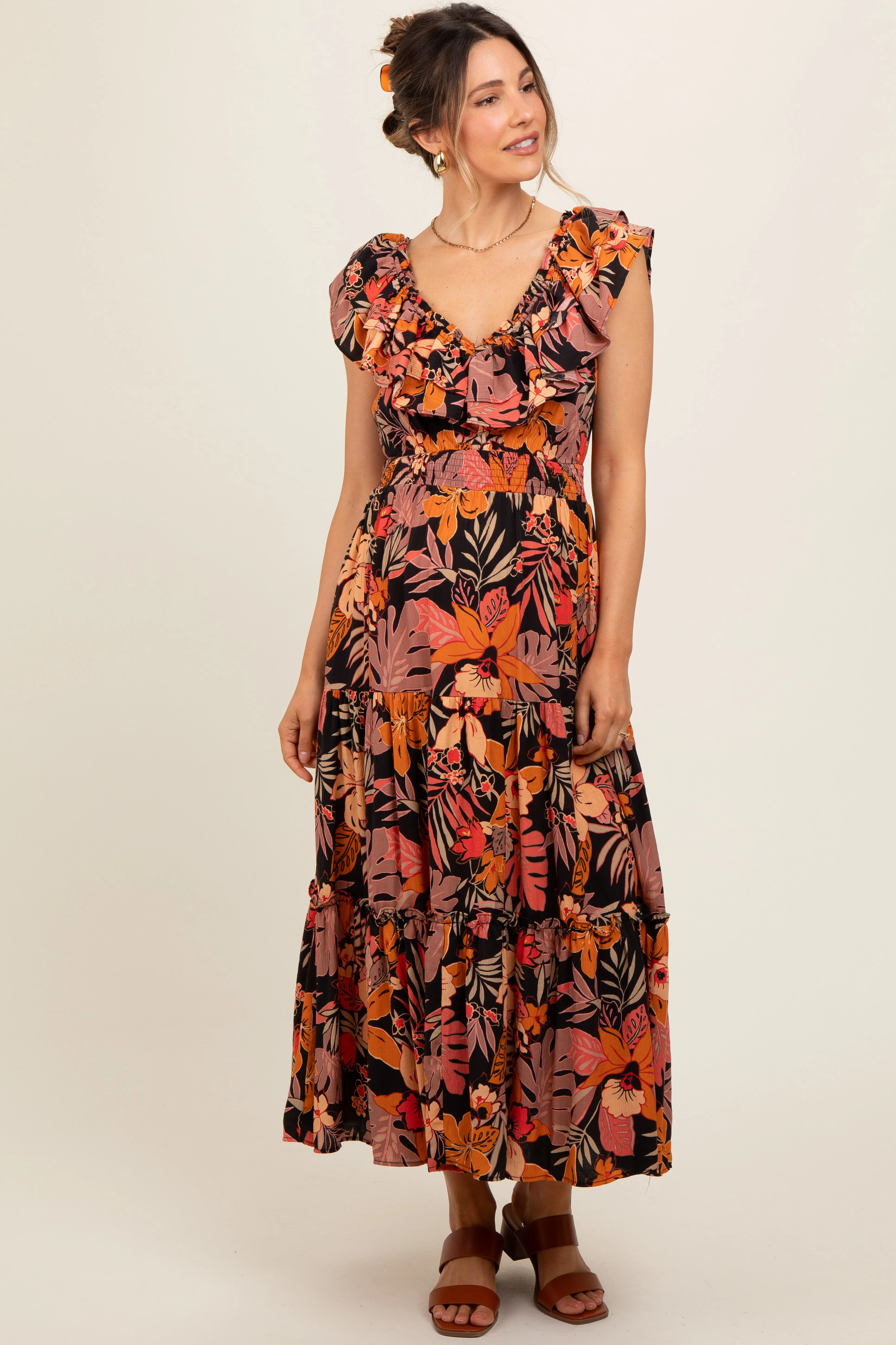 Black Ruffle V-Neck Tiered Maternity Maxi Dress sold by Pinkblush product image thumbnail 3