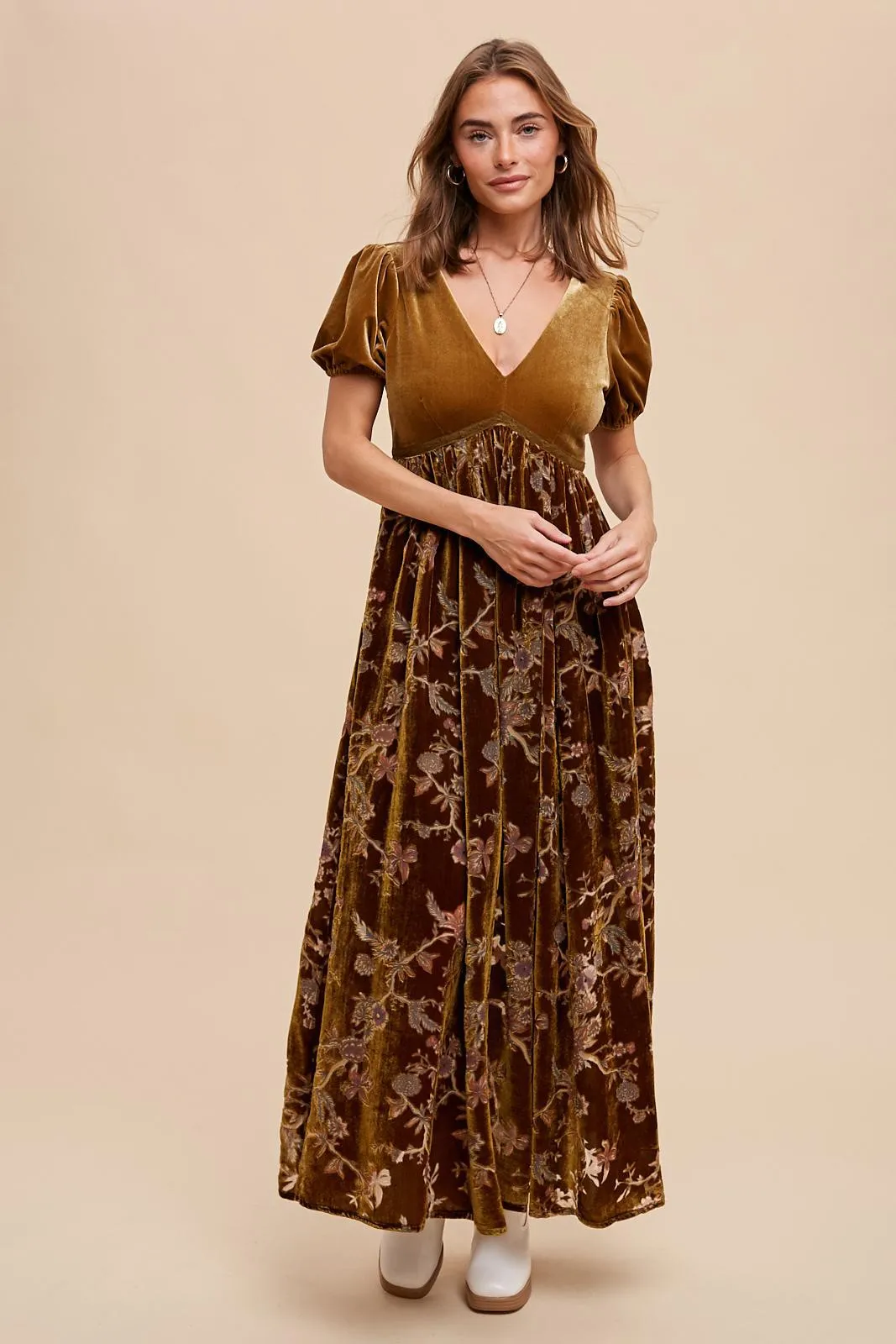 Camel Floral Burnout Velvet Maternity Maxi Dress sold by Pinkblush product image thumbnail 4