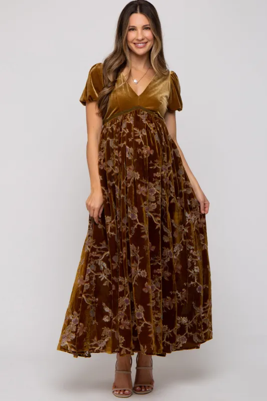 Camel Floral Burnout Velvet Maternity Maxi Dress sold by Pinkblush