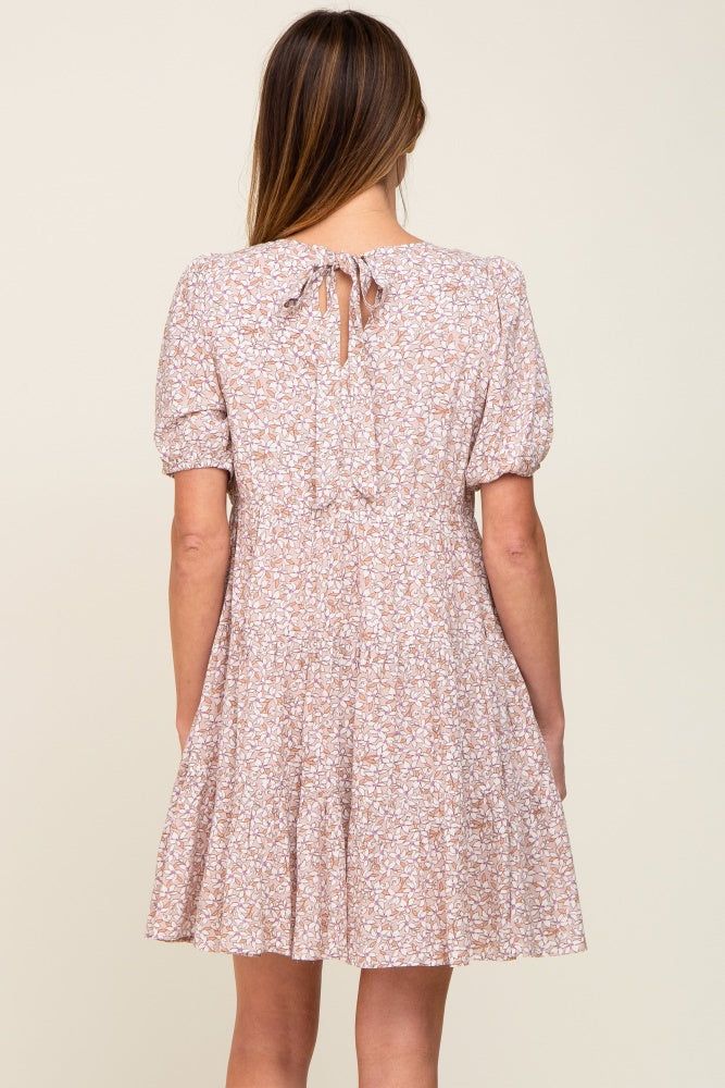 Taupe Floral Back Tie Tiered Short Sleeve Dress sold by Pinkblush product image thumbnail 3
