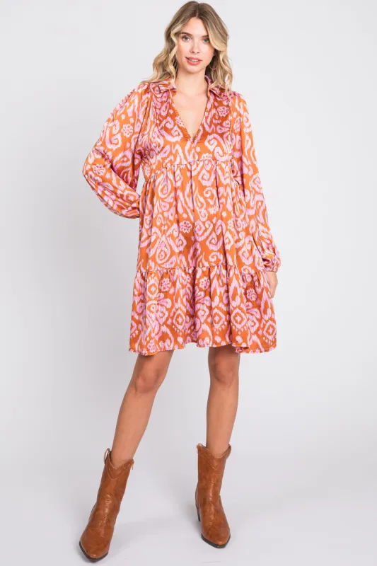 Rust Print Collared Puff Sleeve Dress sold by Pinkblush