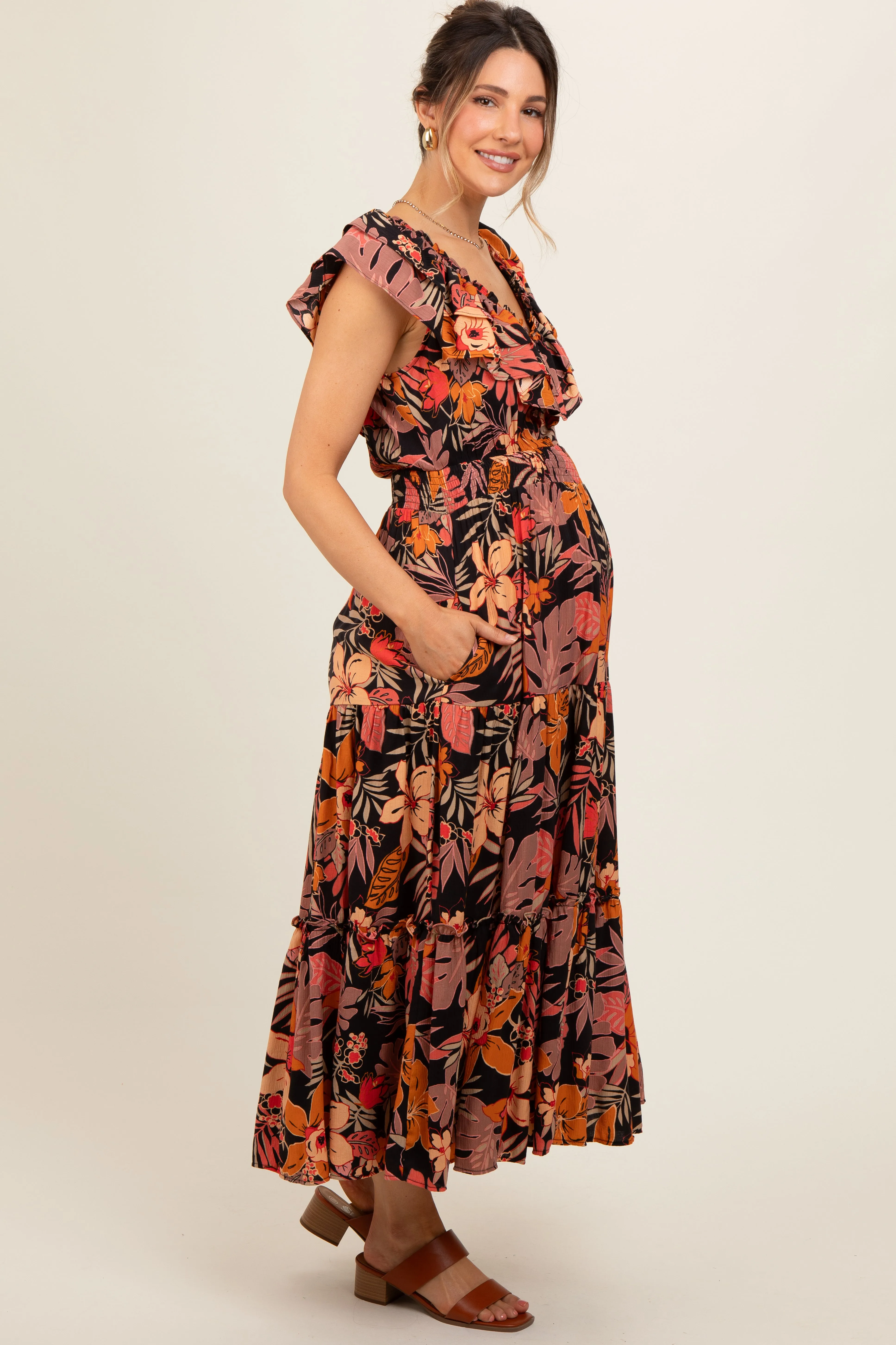 Black Ruffle V-Neck Tiered Maternity Maxi Dress sold by Pinkblush product image thumbnail 4