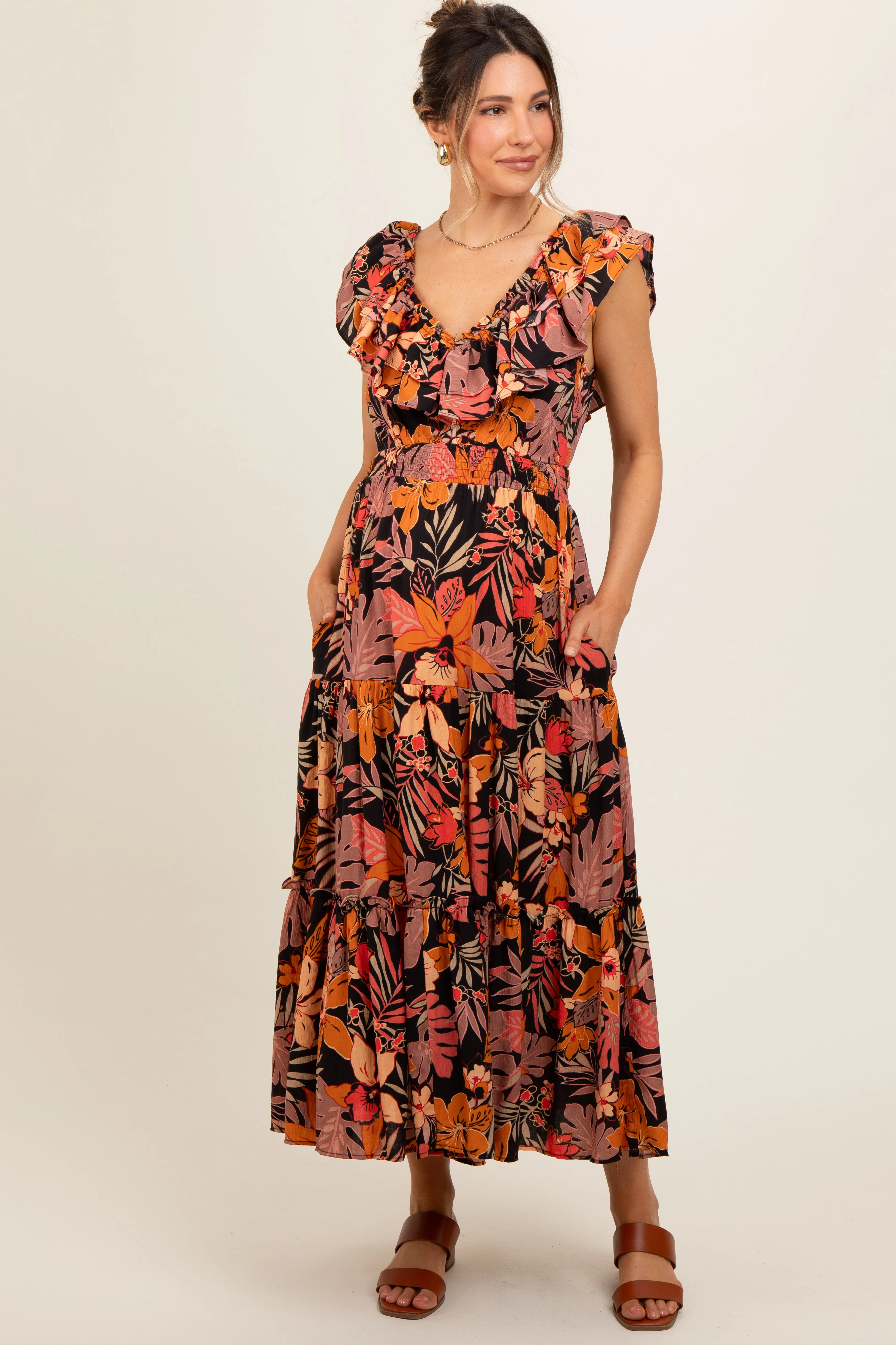 Black Ruffle V-Neck Tiered Maternity Maxi Dress sold by Pinkblush