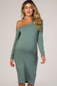 PinkBlush Dusty Green One Shoulder Fitted Midi Maternity Dress sold by Pinkblush