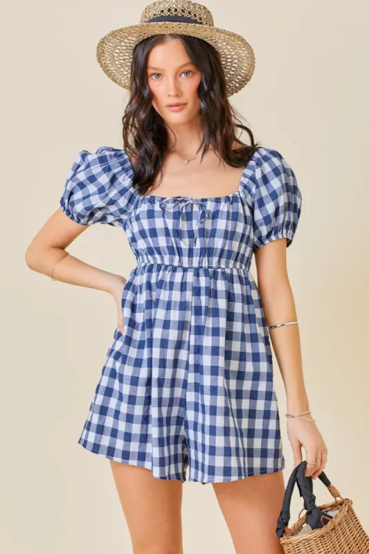 Navy Blue Gingham Cutout Romper sold by Pinkblush