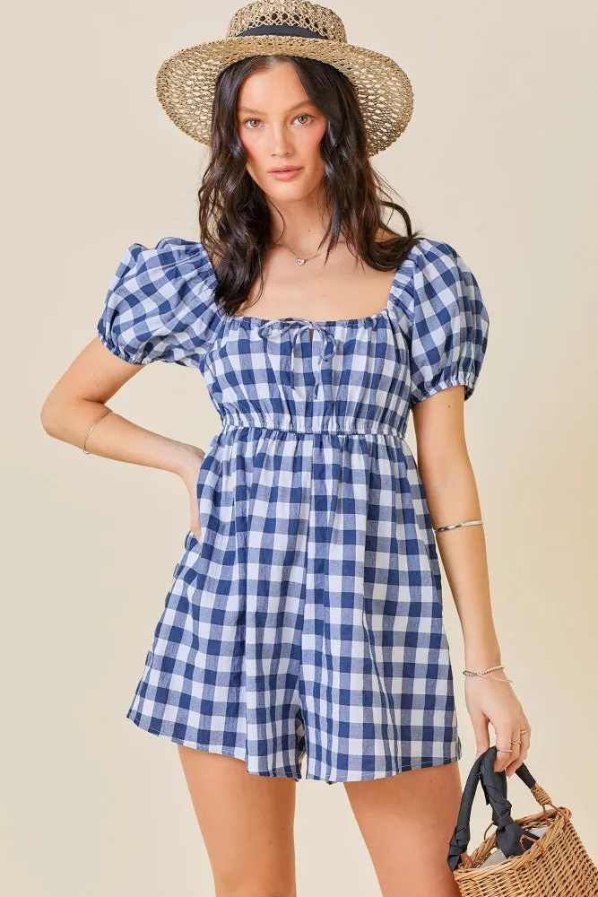 Navy Blue Gingham Cutout Romper sold by Pinkblush