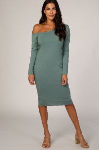 PinkBlush Dusty Green One Shoulder Fitted Midi Maternity Dress sold by Pinkblush
