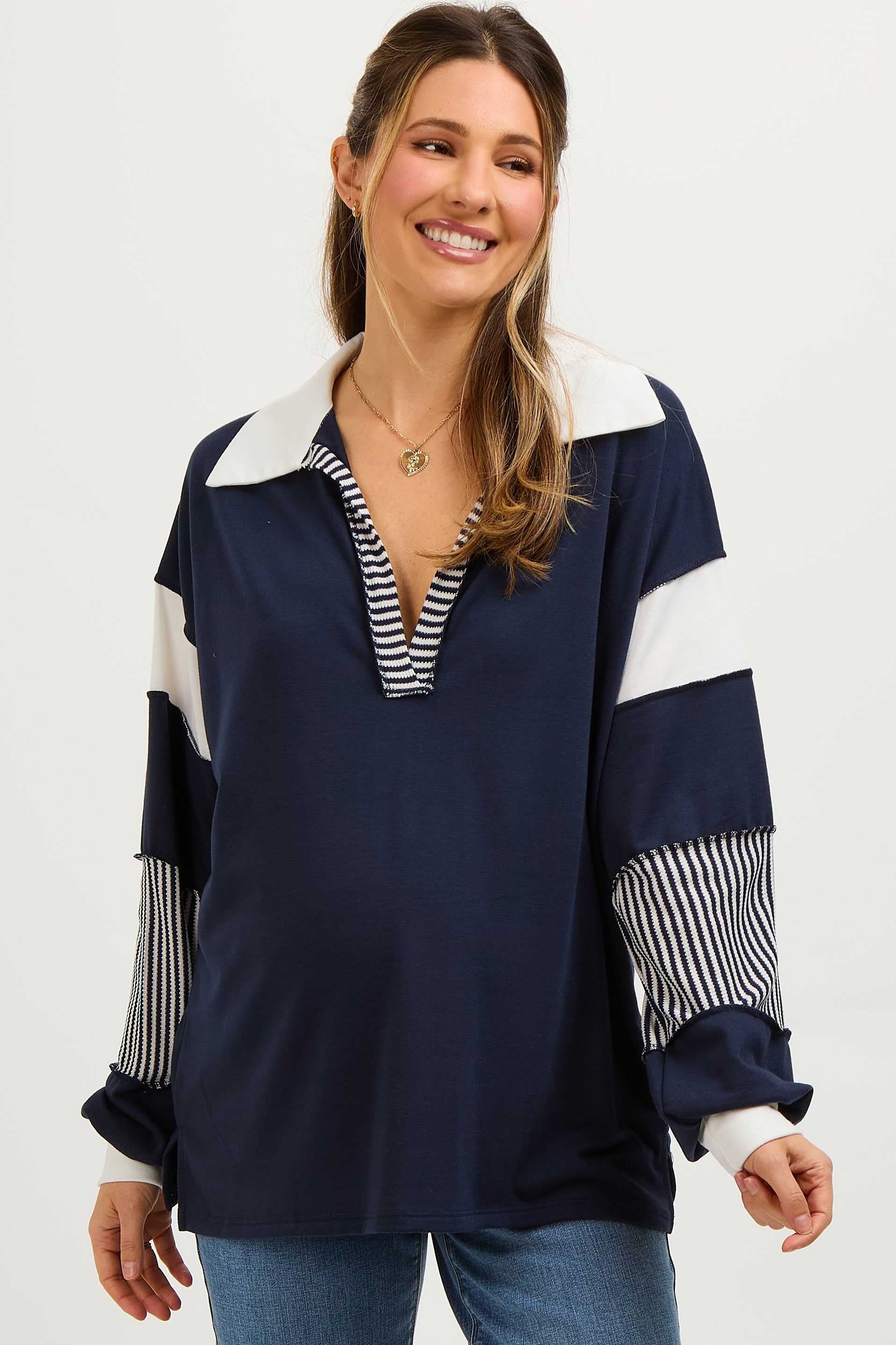 Navy Stripe Colorblock Collared Maternity Top sold by Pinkblush
