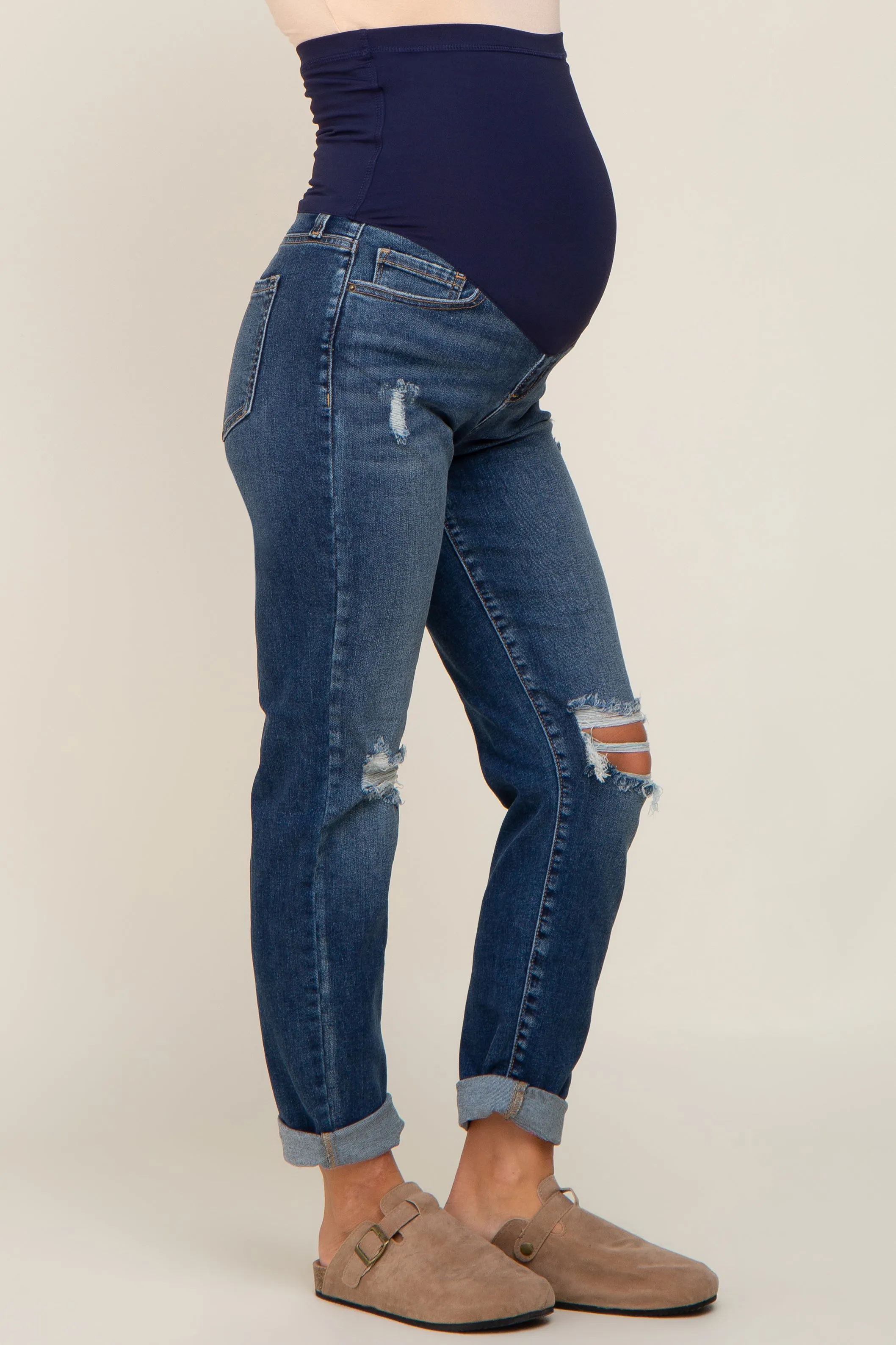 Navy Blue Distressed Open Knee Maternity Cuffed Jeans sold by Pinkblush product image thumbnail 3