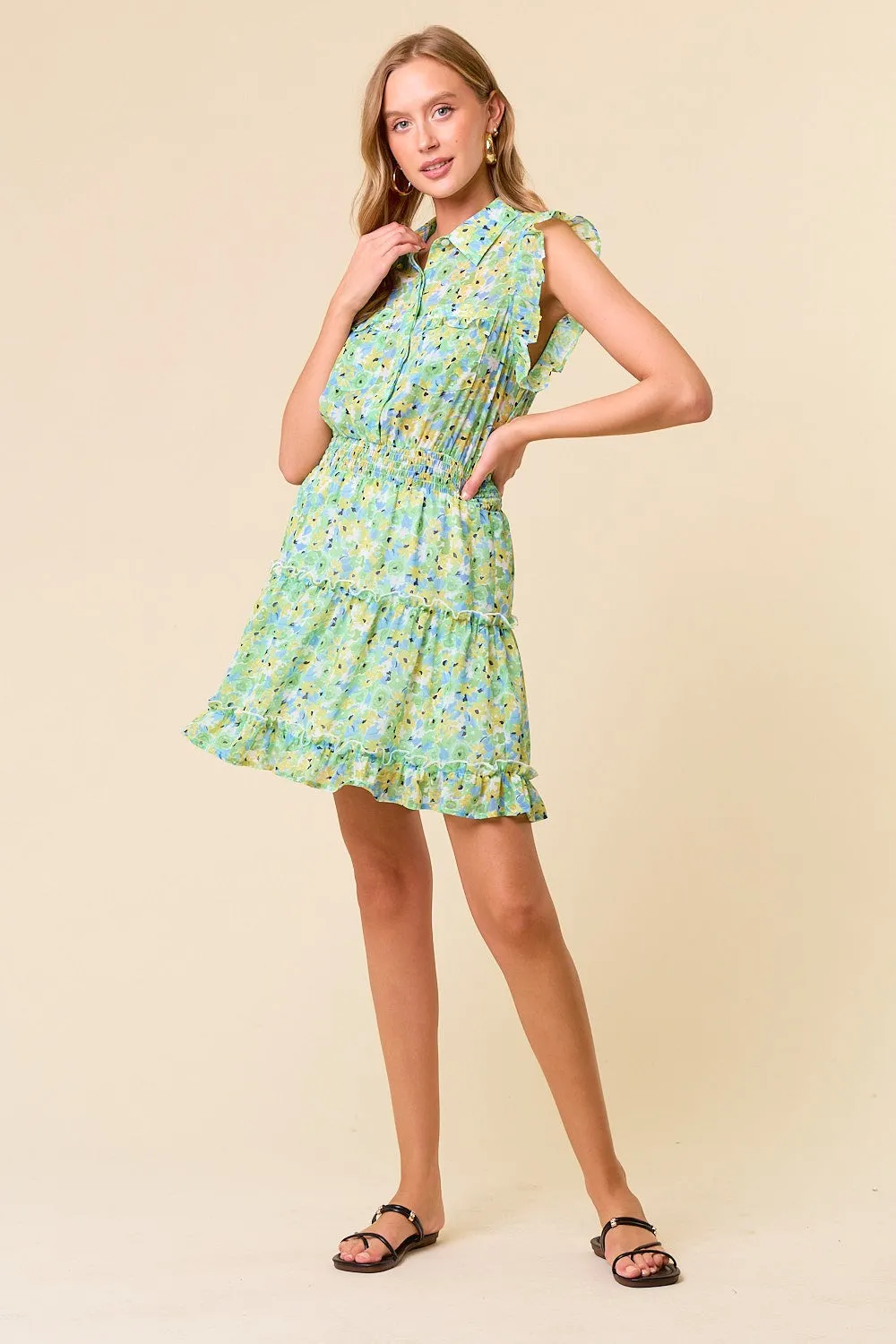 Lime Lemon Floral Printed Chiffon Sleeveless Button-Down Mini sold by Pinkblush product image thumbnail 4