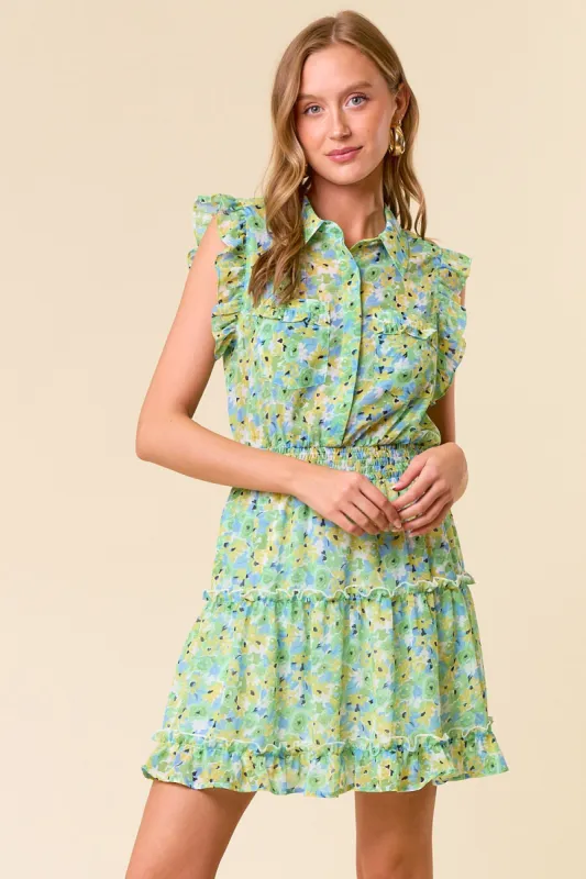Lime Lemon Floral Printed Chiffon Sleeveless Button-Down Mini sold by Pinkblush