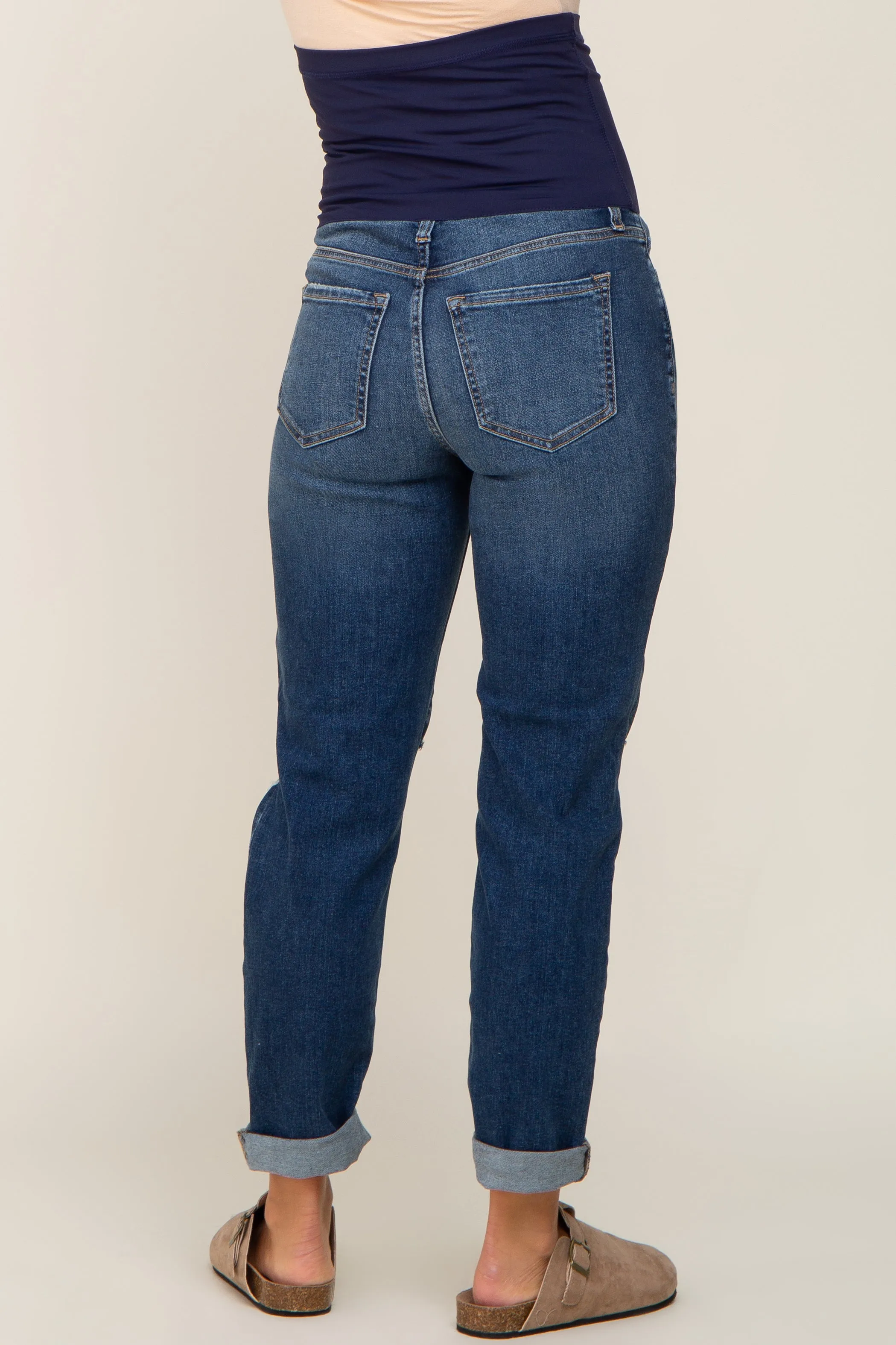 Navy Blue Distressed Open Knee Maternity Cuffed Jeans sold by Pinkblush product image thumbnail 4