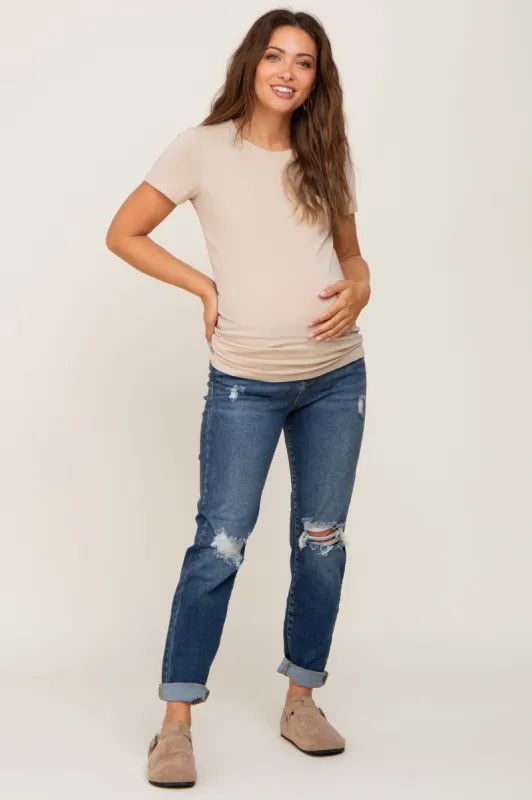 Navy Blue Distressed Open Knee Maternity Cuffed Jeans sold by Pinkblush