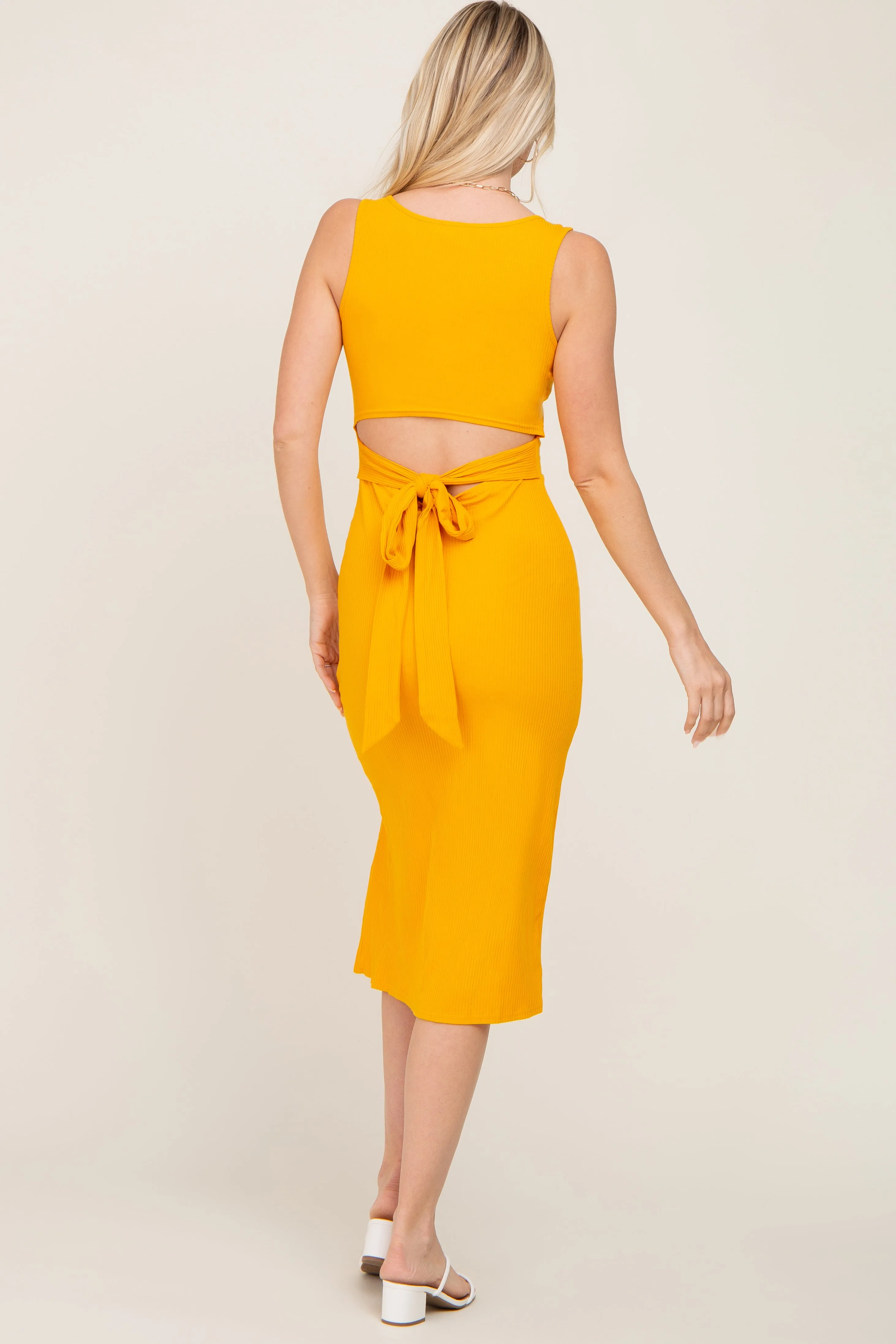 Yellow Ribbed Back Cutout Midi Dress sold by Pinkblush product image thumbnail 3