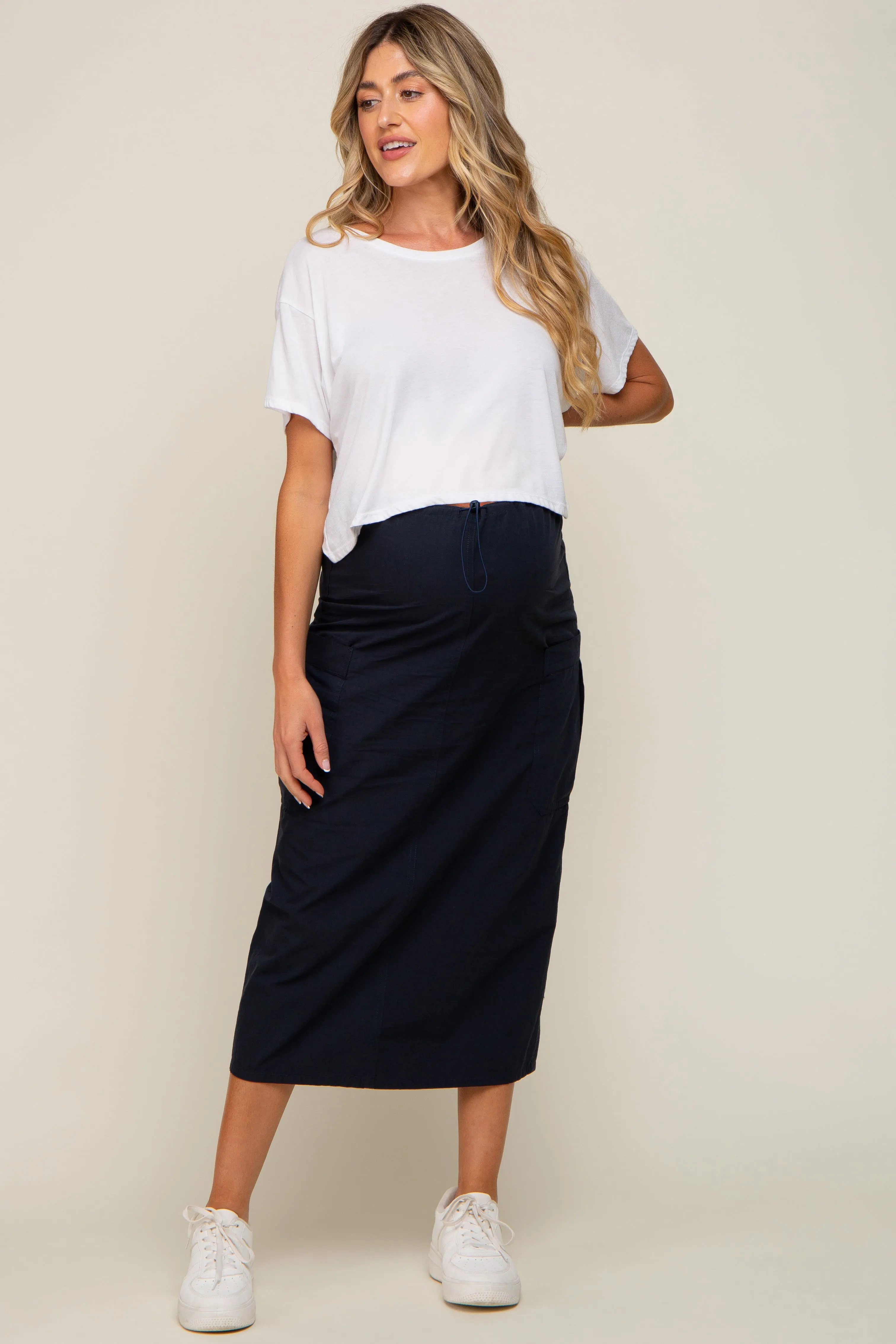 Navy Blue Drawstring Pocket Maternity Maxi Skirt sold by Pinkblush