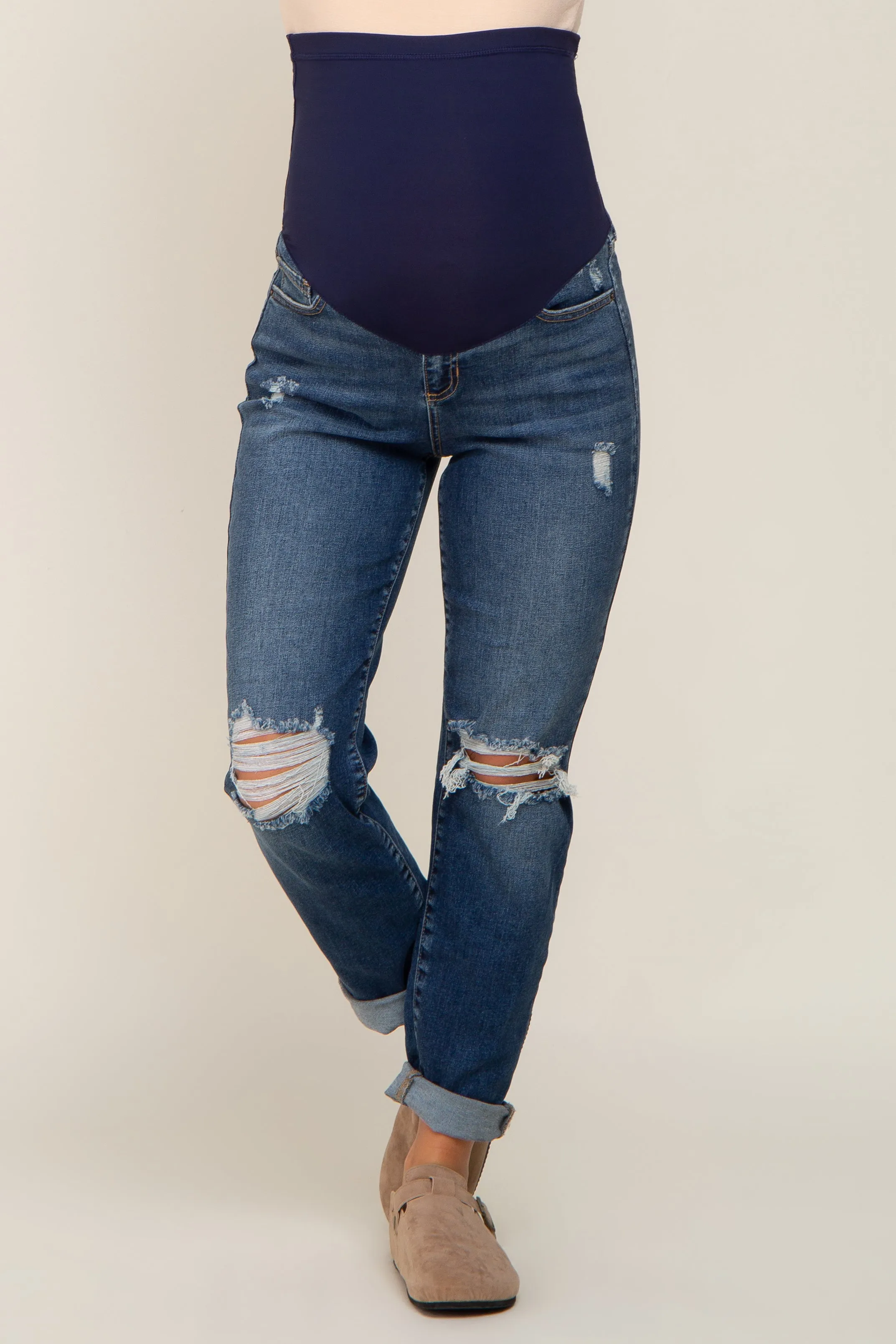 Navy Blue Distressed Open Knee Maternity Cuffed Jeans sold by Pinkblush product image thumbnail 2