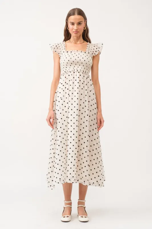 Ivory Polka Dot Smocked Midi Dress sold by Pinkblush