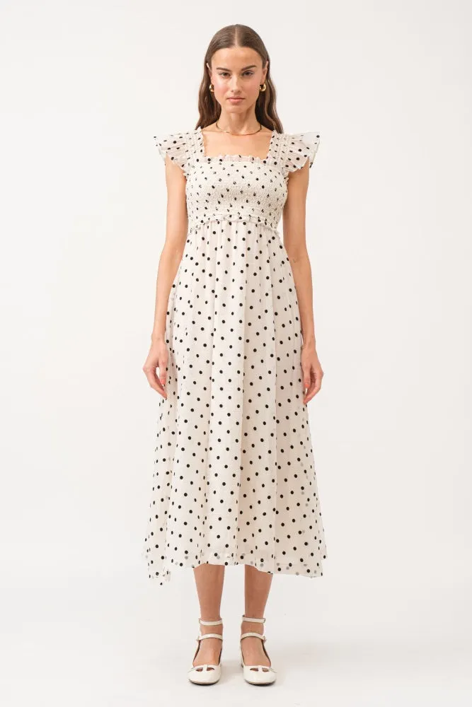 Ivory Polka Dot Smocked Midi Dress sold by Pinkblush