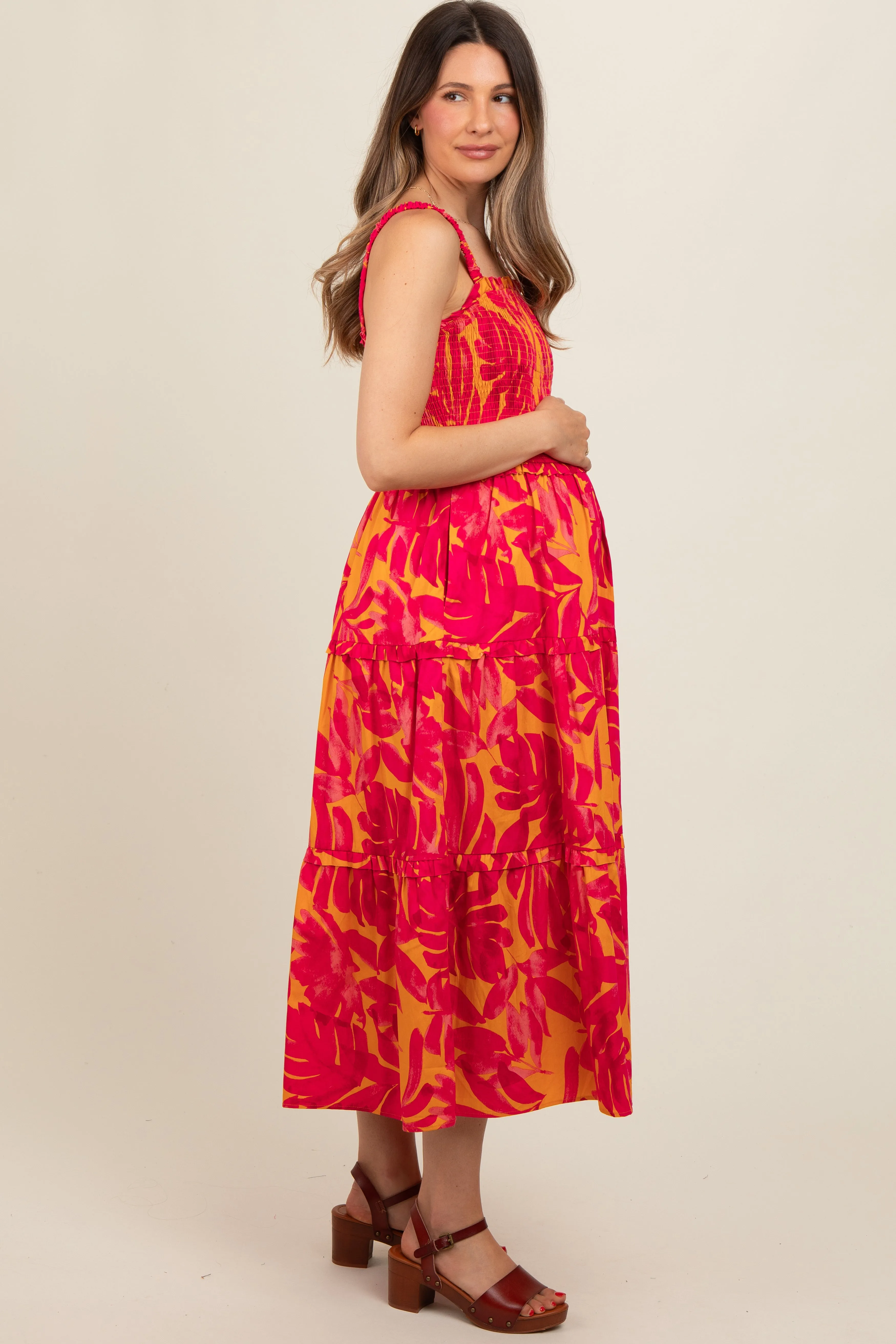 Coral Tropical Smocked Ruffle Tiered Maternity Midi Dress sold by Pinkblush product image thumbnail 2