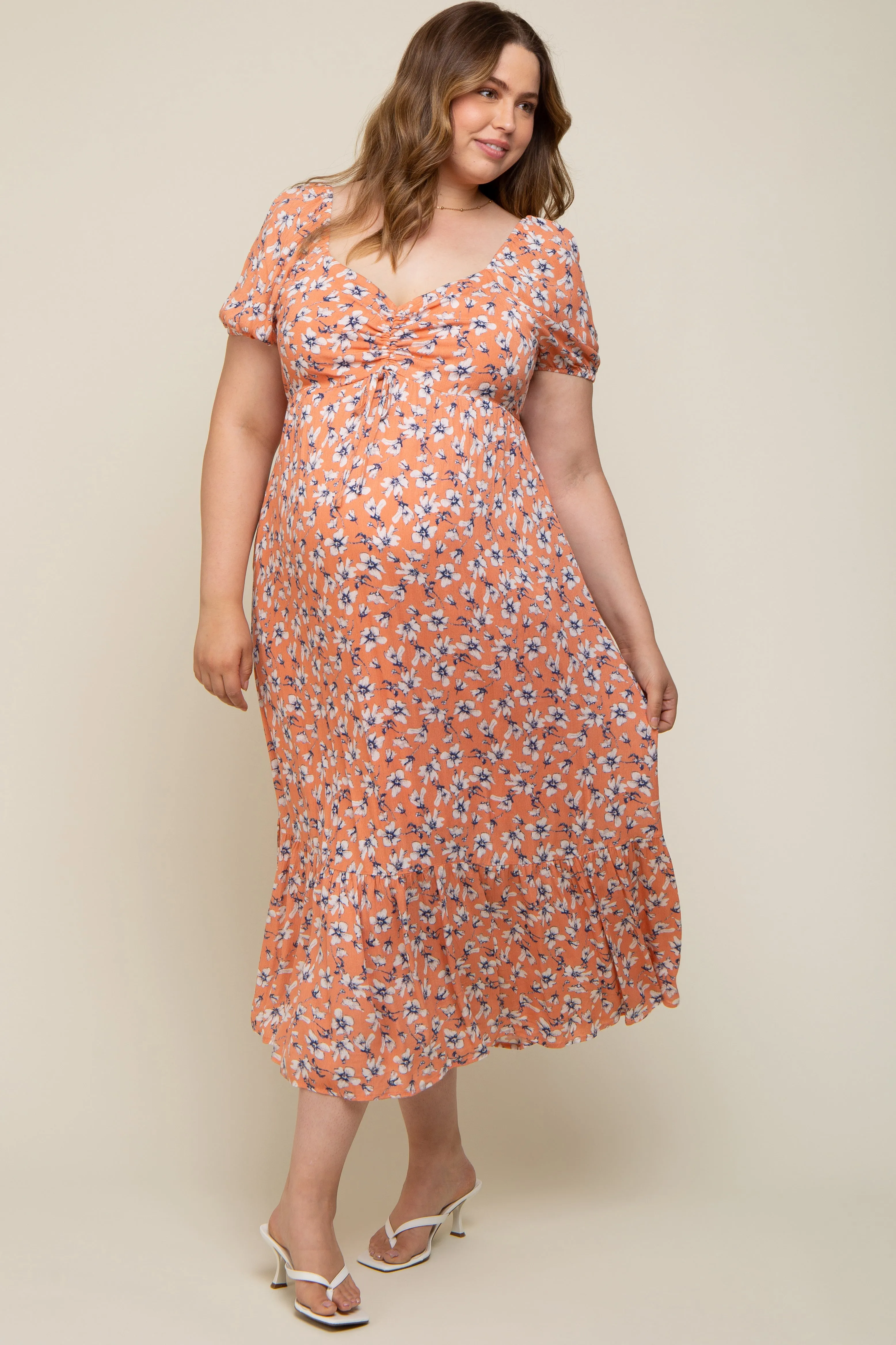 Peach Floral Sweetheart Drawstring Neck Short Sleeve Maternity Plus Midi Dress sold by Pinkblush product image thumbnail 4