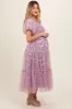Mauve Floral Lined Smocked Tulle Maternity Midi Dress sold by Pinkblush