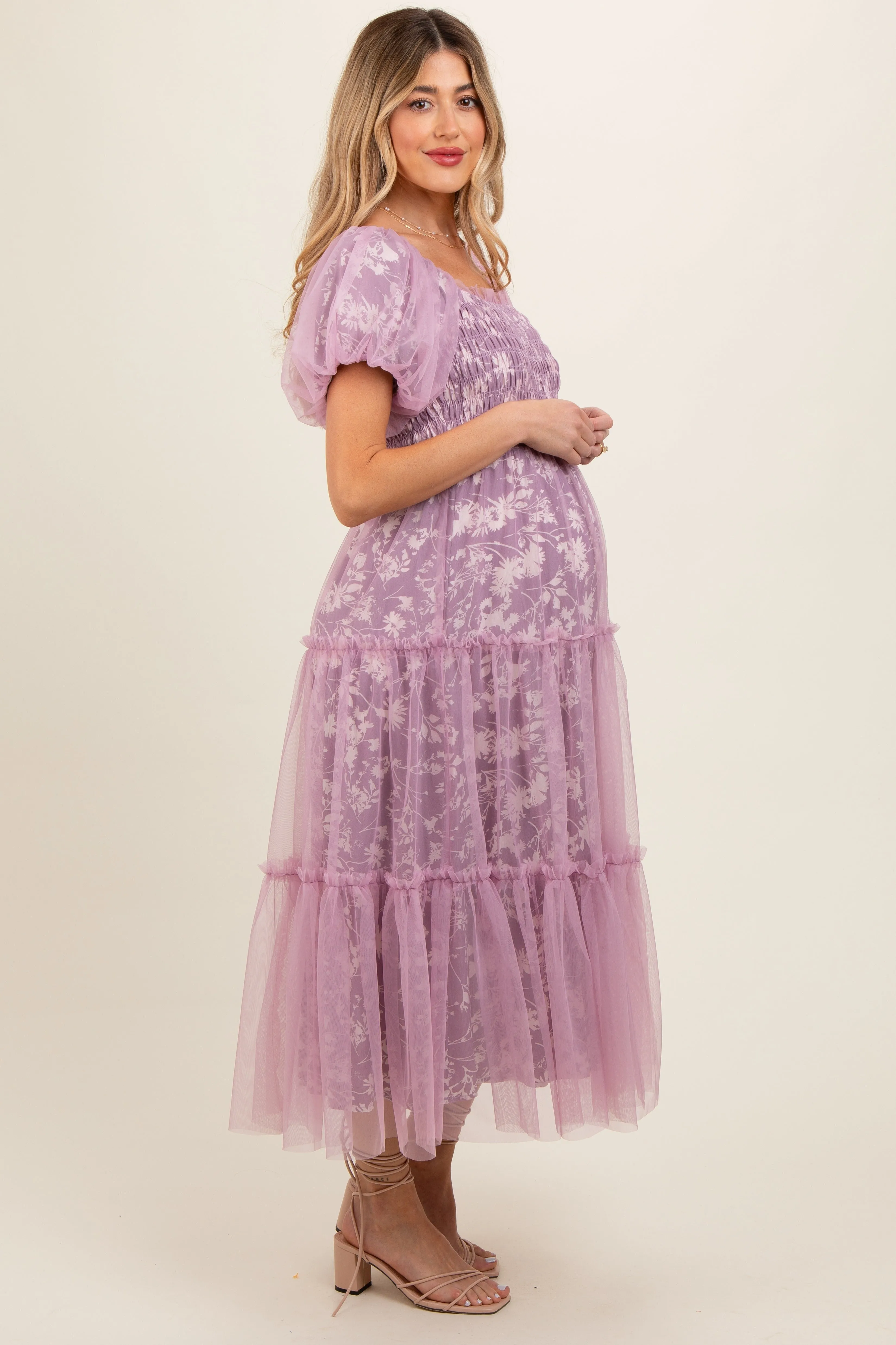 Mauve Floral Lined Smocked Tulle Maternity Midi Dress sold by Pinkblush product image thumbnail 4