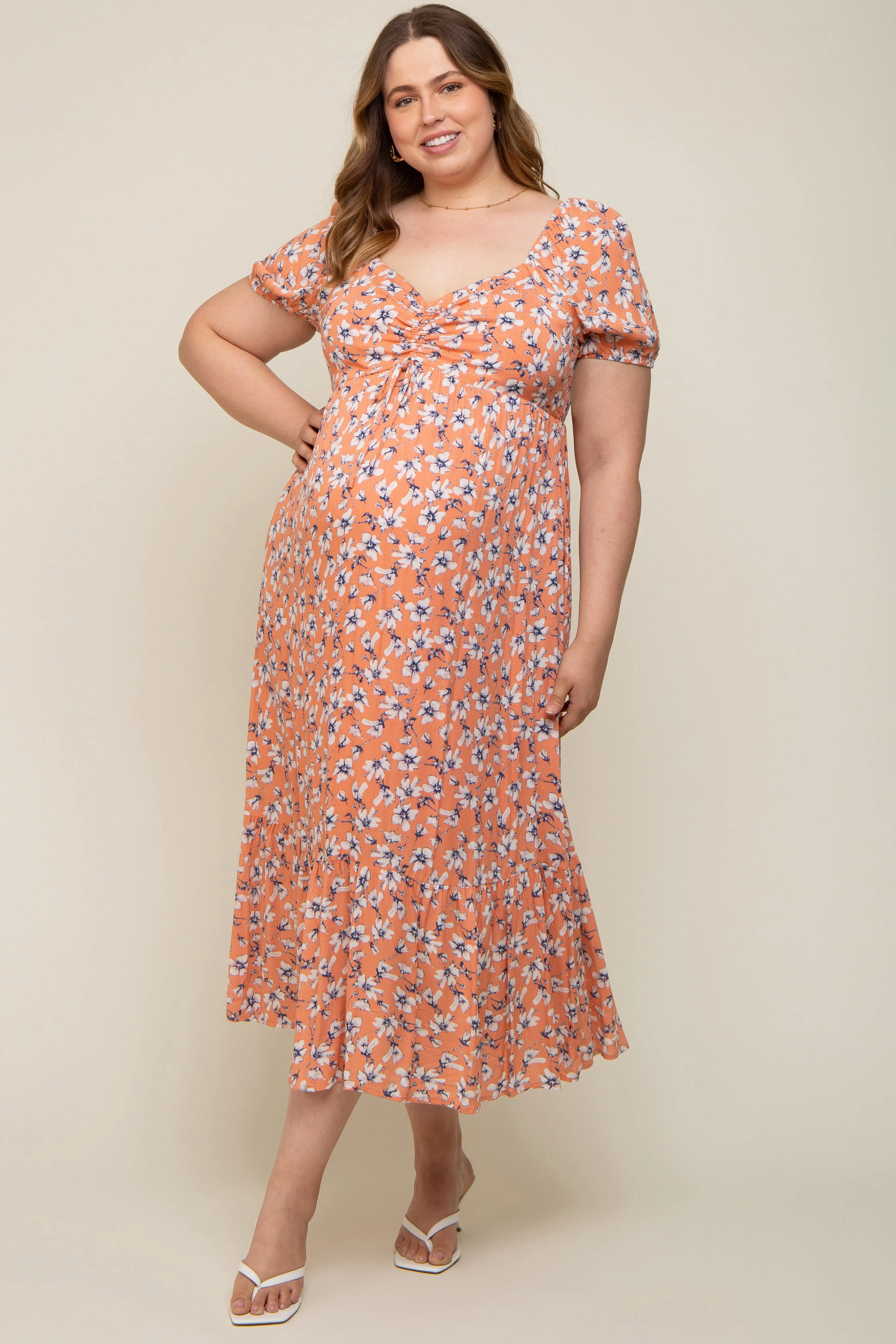 Peach Floral Sweetheart Drawstring Neck Short Sleeve Maternity Plus Midi Dress sold by Pinkblush