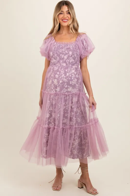 Mauve Floral Lined Smocked Tulle Maternity Midi Dress sold by Pinkblush