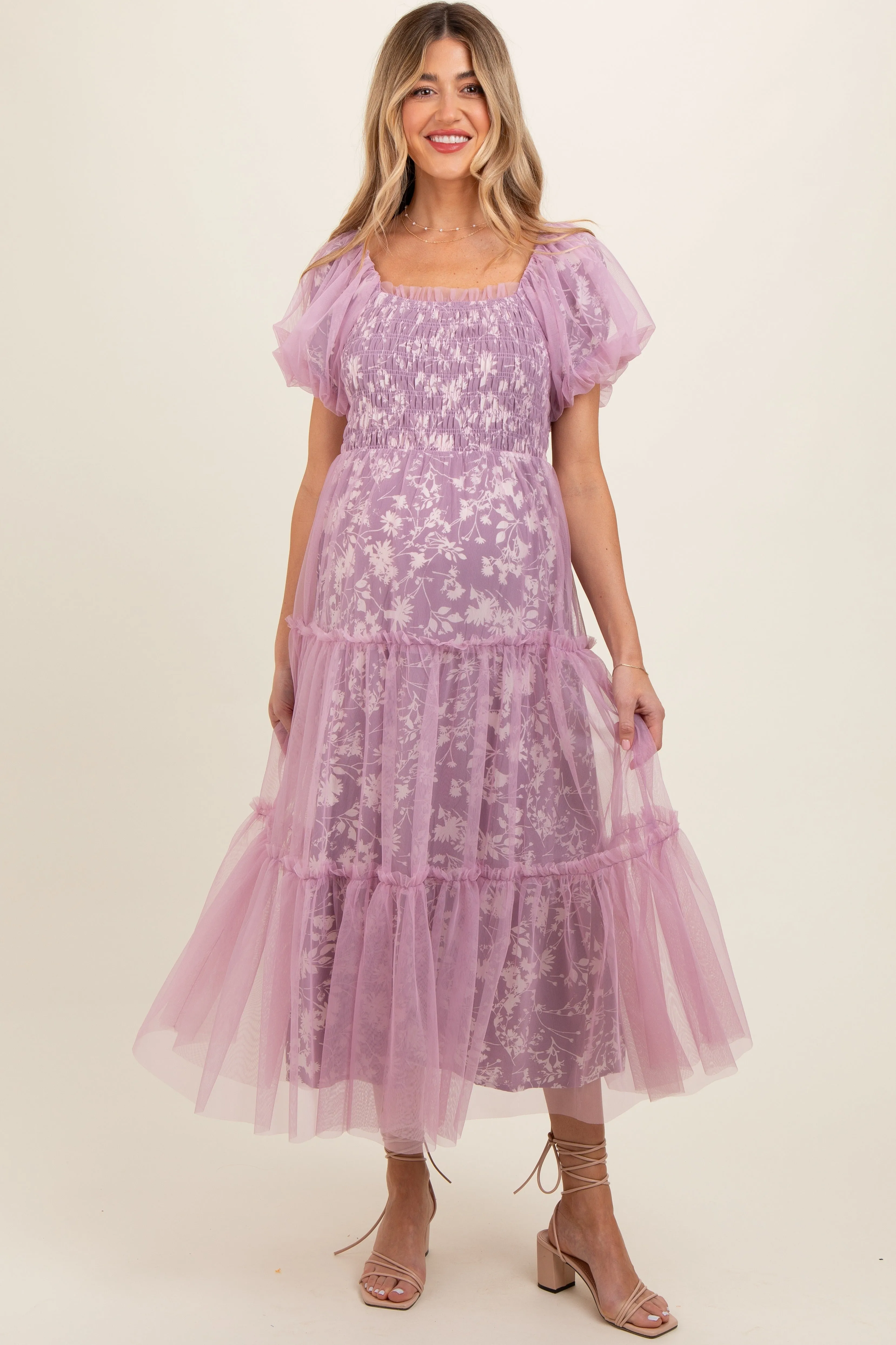 Mauve Floral Lined Smocked Tulle Maternity Midi Dress sold by Pinkblush