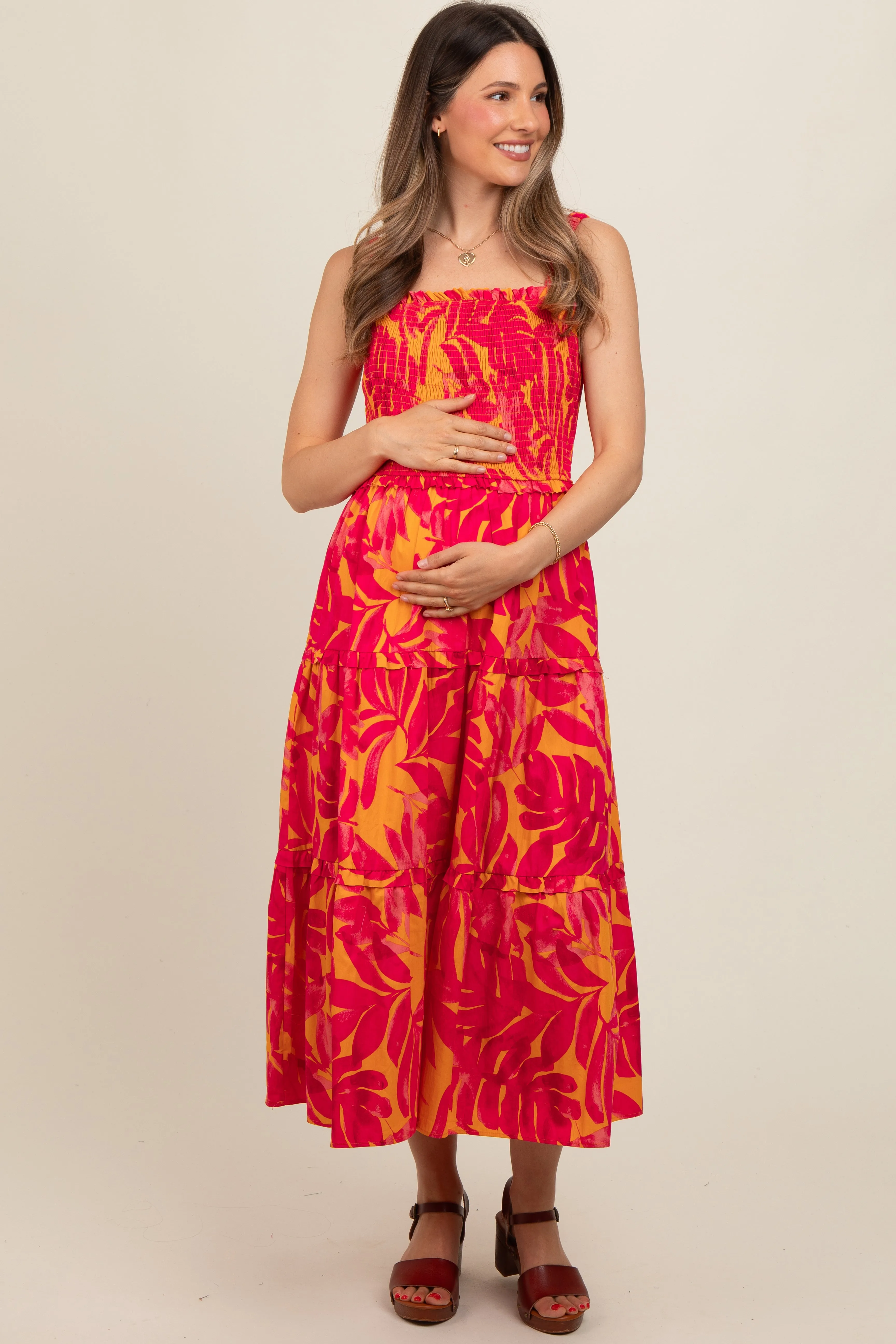 Coral Tropical Smocked Ruffle Tiered Maternity Midi Dress sold by Pinkblush product image thumbnail 3