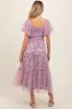 Mauve Floral Lined Smocked Tulle Maternity Midi Dress sold by Pinkblush