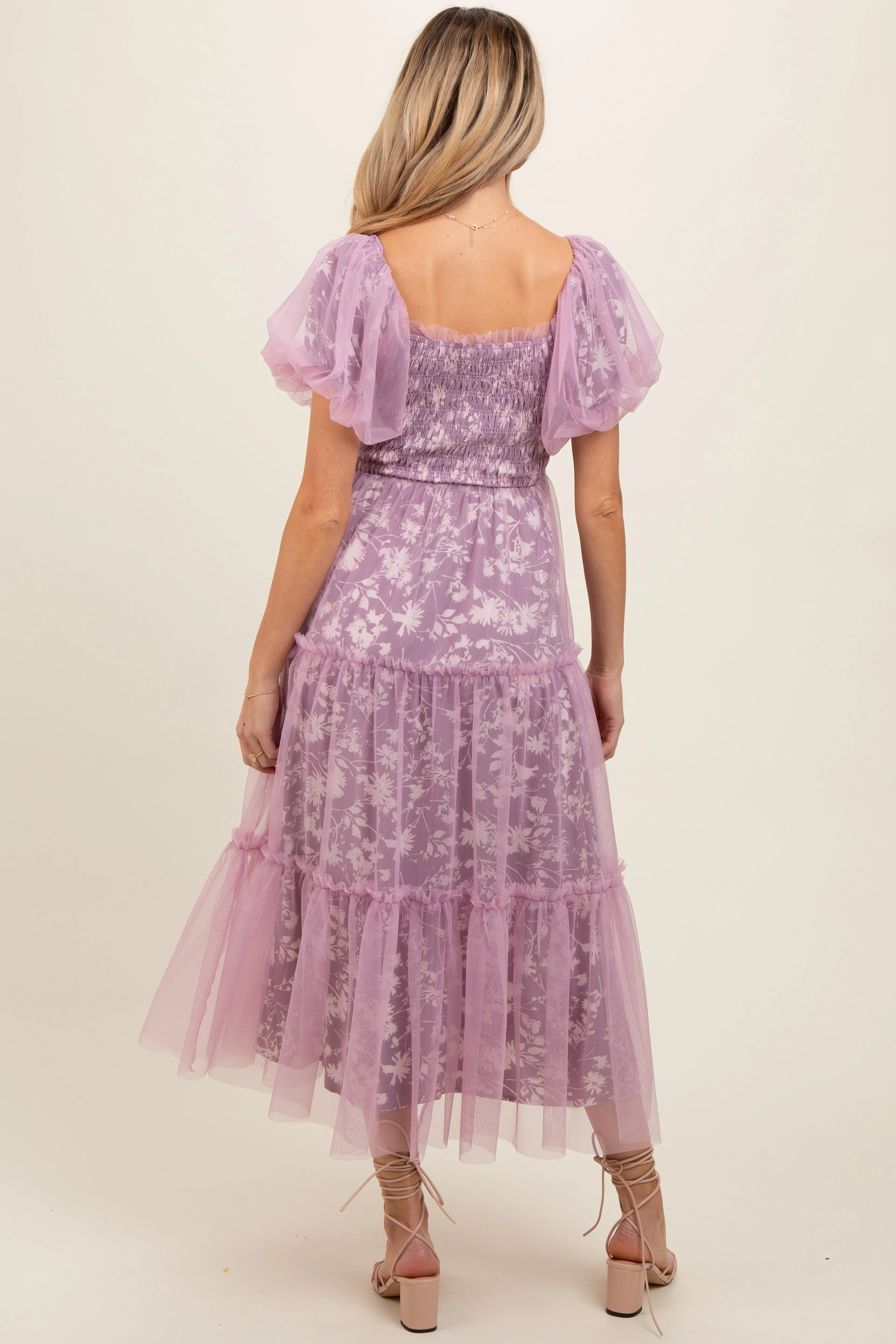 Mauve Floral Lined Smocked Tulle Maternity Midi Dress sold by Pinkblush product image thumbnail 5