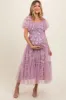 Mauve Floral Lined Smocked Tulle Maternity Midi Dress sold by Pinkblush