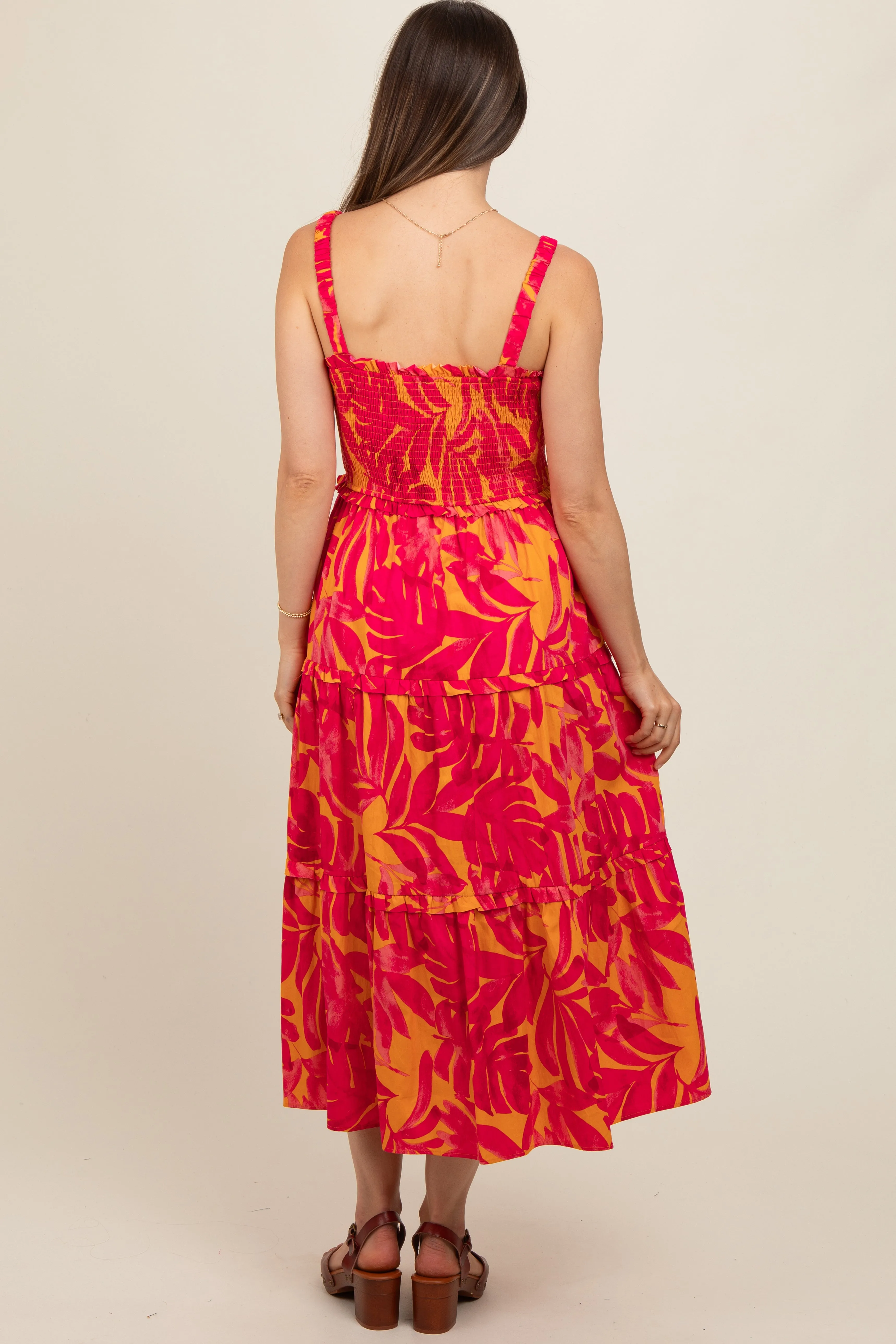 Coral Tropical Smocked Ruffle Tiered Maternity Midi Dress sold by Pinkblush product image thumbnail 4