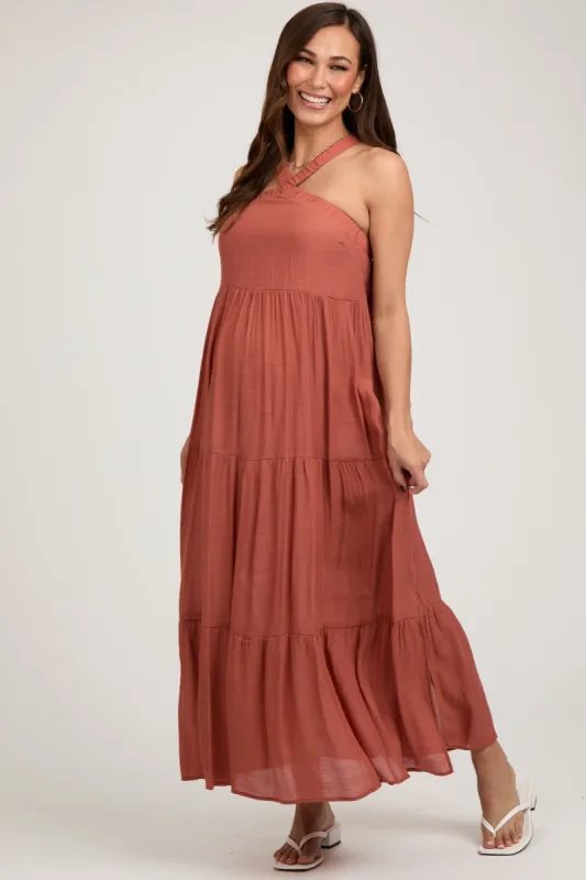 Rust Halter Tiered Maternity Maxi Dress sold by Pinkblush