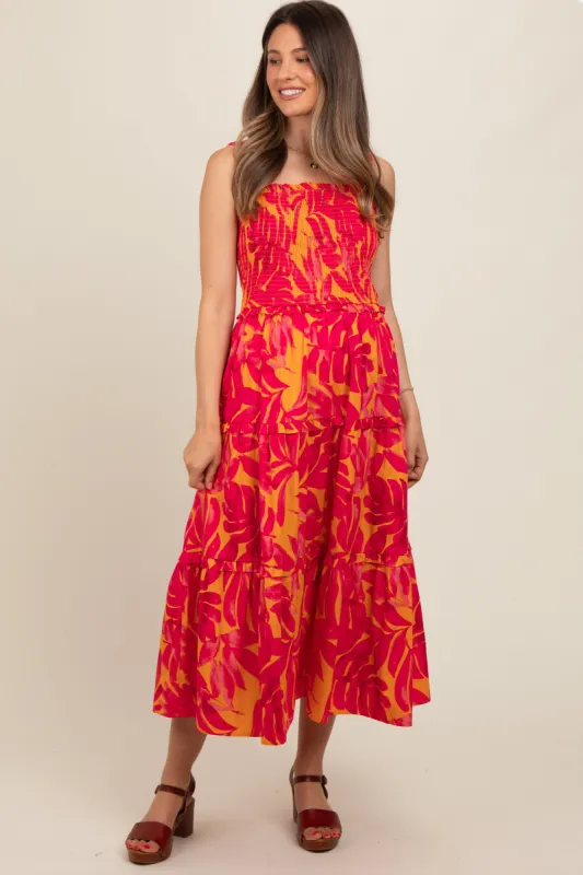 Coral Tropical Smocked Ruffle Tiered Maternity Midi Dress sold by Pinkblush